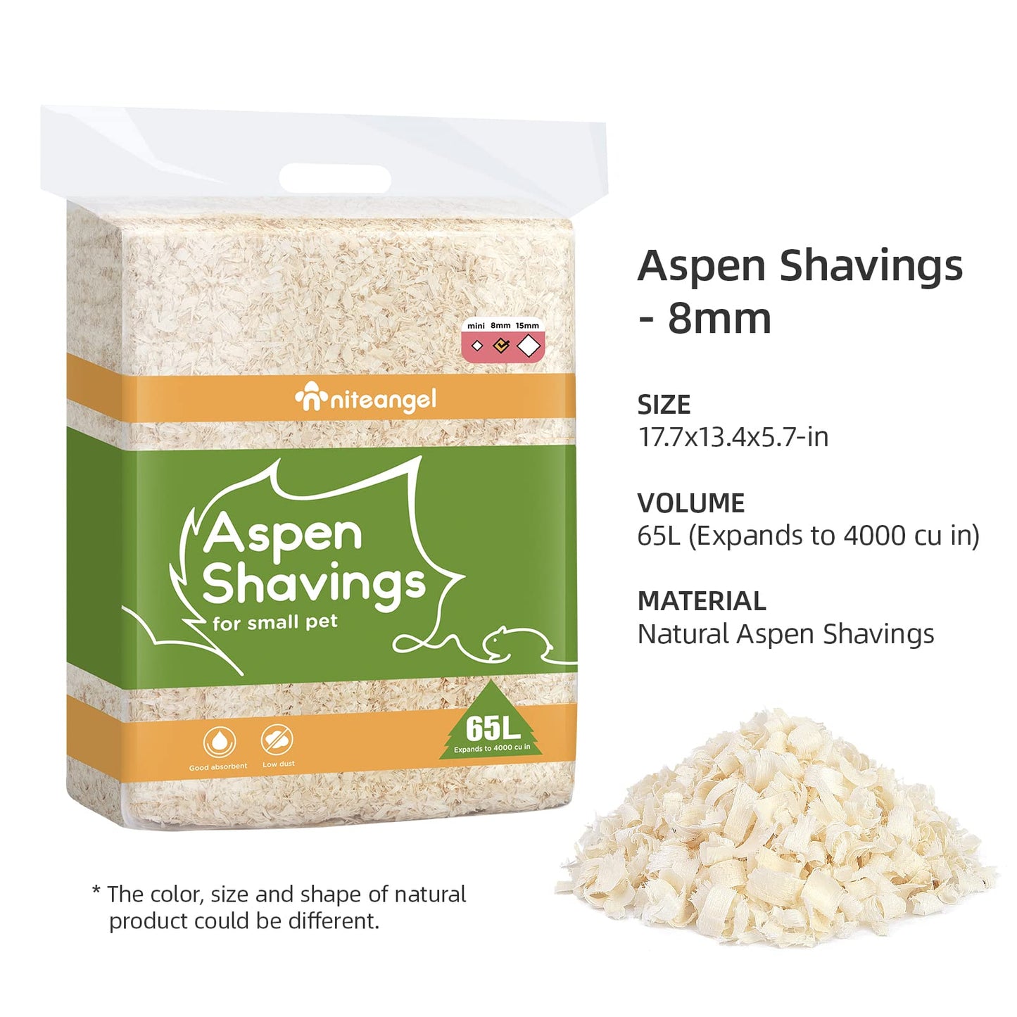 Niteangel Aspen Shaving Hamster Beddings for Syrian Dwarf Hamster Gerbil Mice Degu Rat Rabbit Bunny Guinea Pig Chinchilla Hedgehog or Other Small Pets (65L - 8mm)