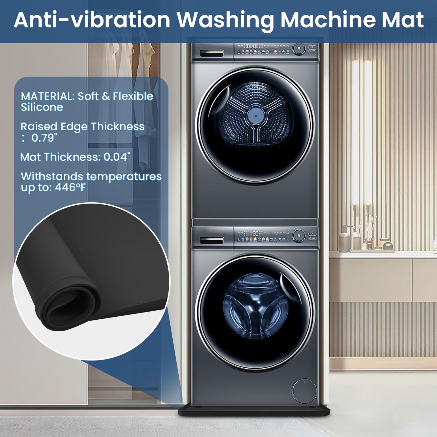 Silicone Washing Machine Pan - 68X68cm Washing Machine Tray with Raised Edge, Non-Slip Trays for Under Washer and Dryer, Washer Tray for Floor Protection (Black-1PC)