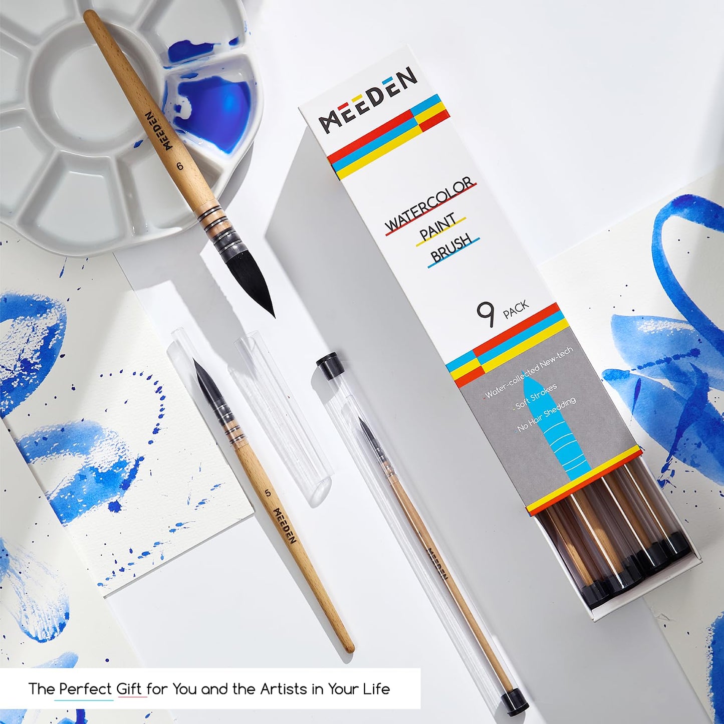 MEEDEN Professional Watercolor Brushes Set of 9, Paintbrushes with Beech Wood Handle, Artist Paint Brushes Set for Watercolor, Perfect for Beginners, Hobbyists & Professionals (Pack of 9)