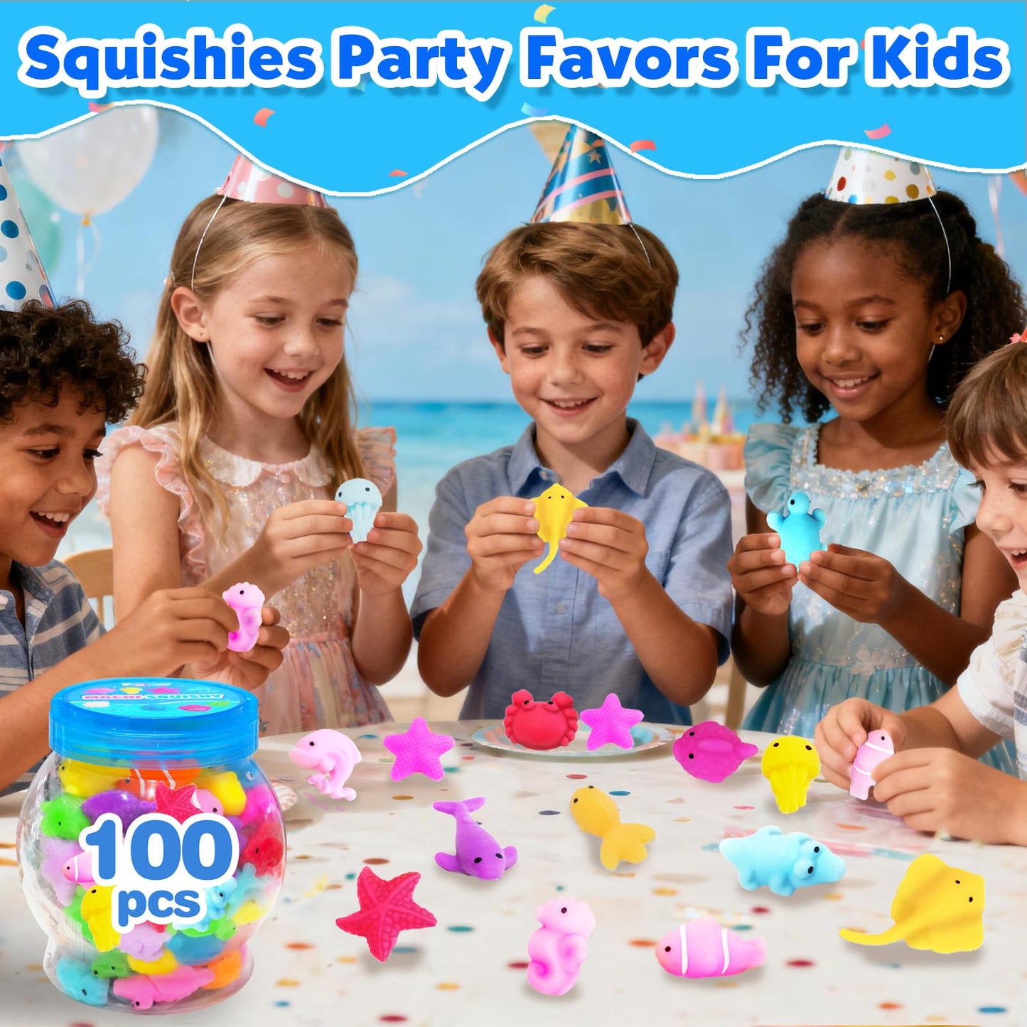 FUNNYB&G Kawaii Mochi Squishies Fidget Toy - 100 pcs Squishy Party Favors Kids Classroom Prize Birthday Goodie Bag Stuffers - Stress Relief Pack for Girls Boys Christmas Valentines Gift (Ocean)
