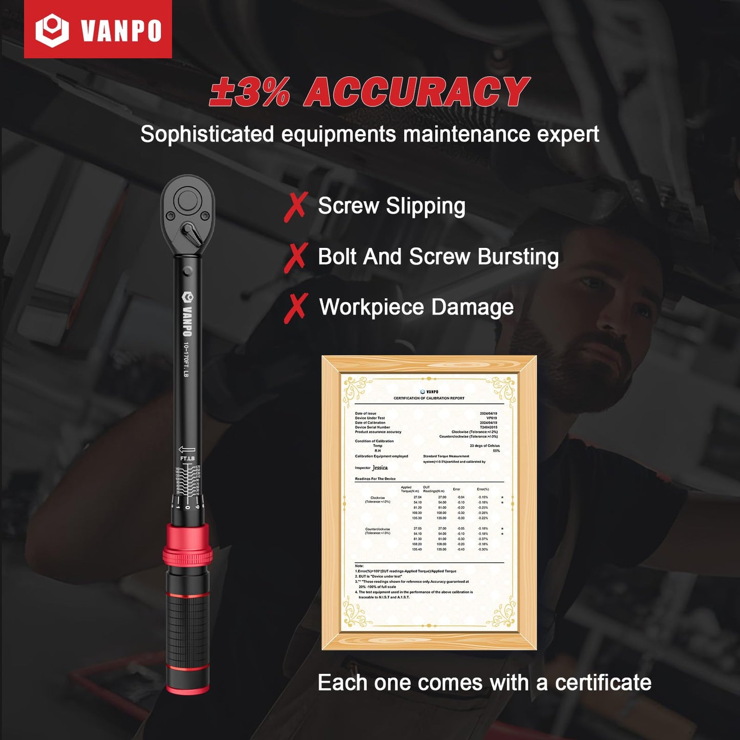 VANPO 1/2-inch Drive Click Torque Wrench,10-170 Ft-Lb/13.6-230.5 Nm,Adjustable Torque Wrench Set with 1/2" to 3/8" Adapter,125mm Extension Bar,72 Tooth, Dual-Direction Torque Wrench for Motorcycle,Car