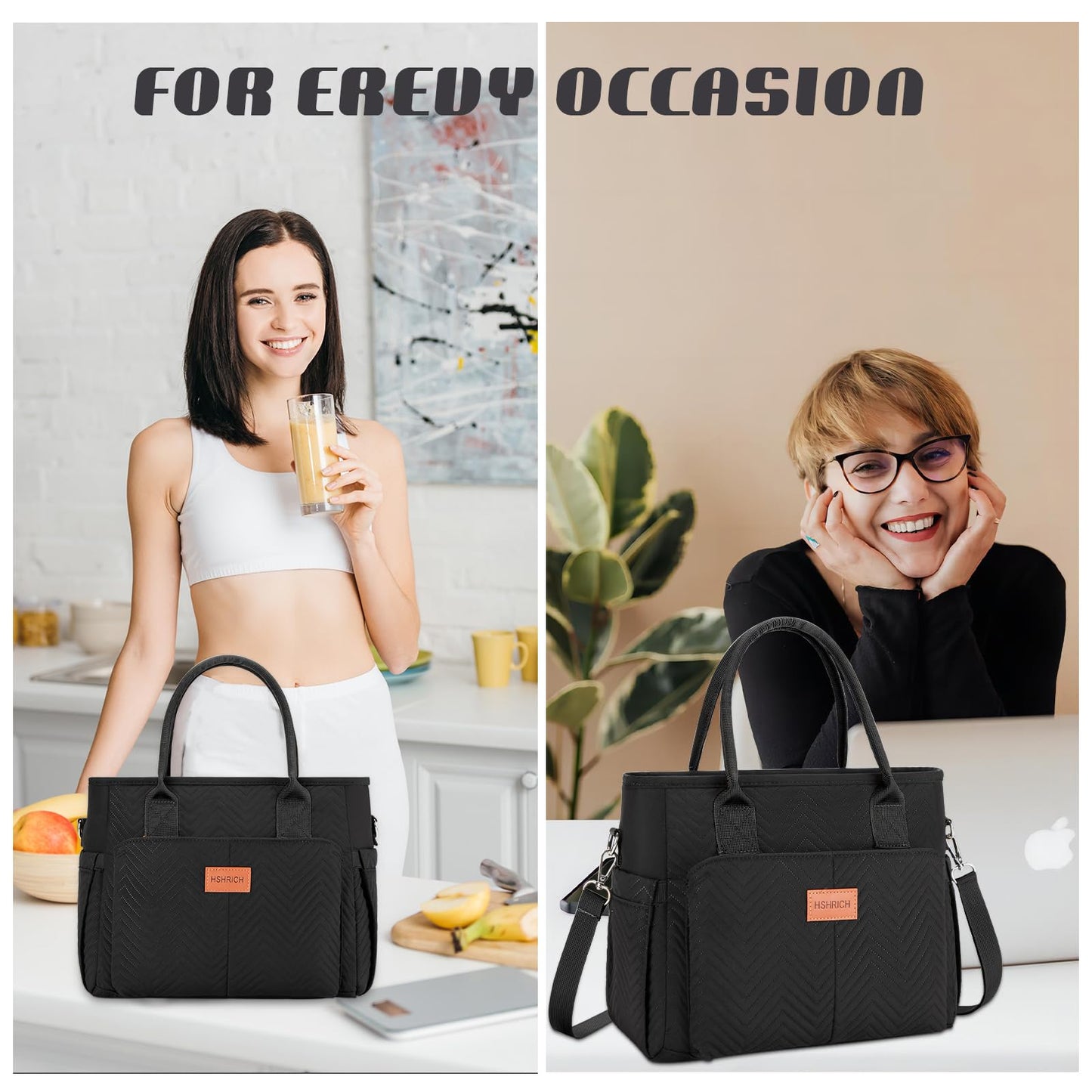 Lunch Bag for Women, Insulated Lunch Box for Work, Large Leakproof Cooler Purse with Side Pockets & Removable Shoulder Strap Women's Lunch Tote Bag for Picnic Work Beach Cute Lunch Bags (Black)