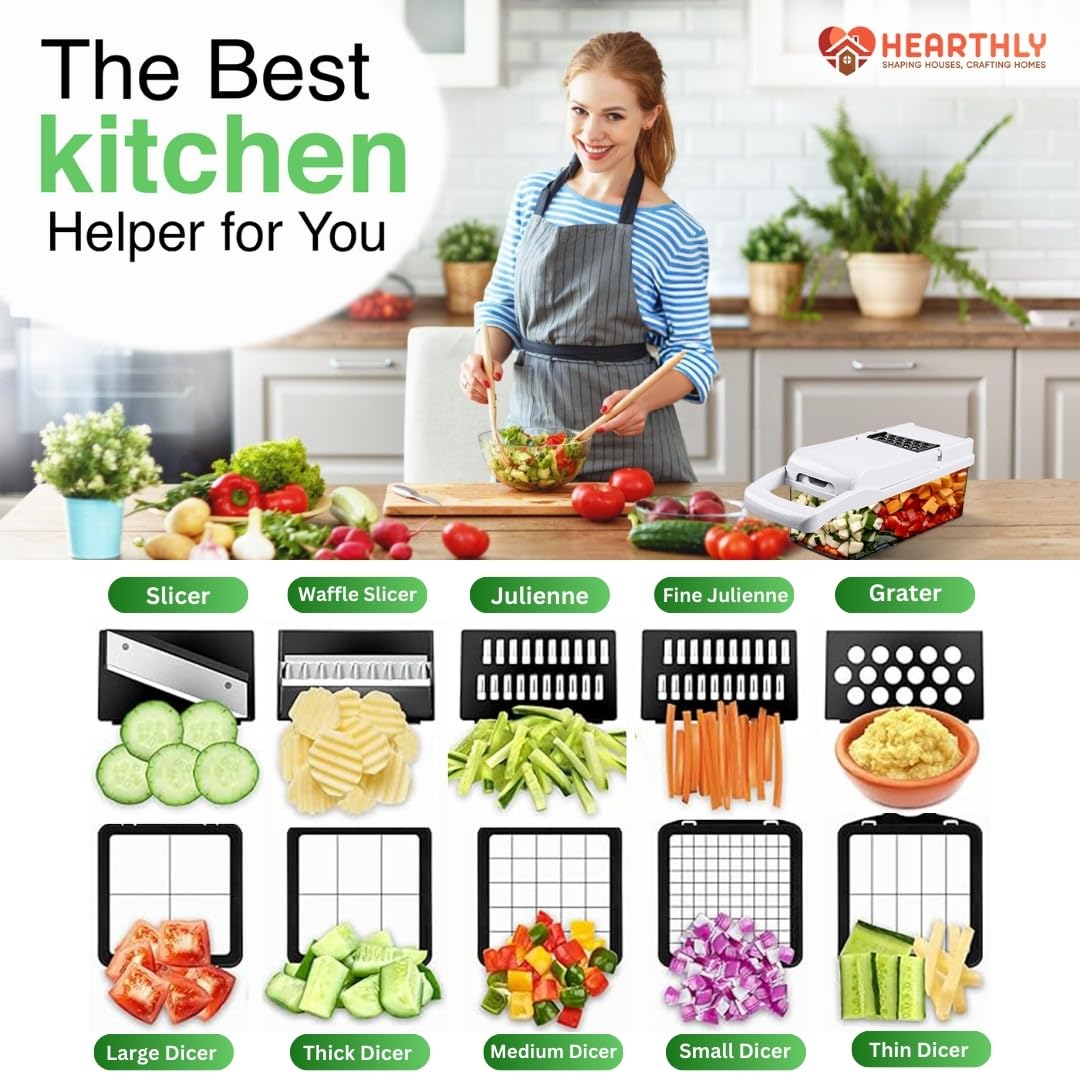 22-in-1 Safety-Locked Vegetable Chopper with 13 Stainless Blades - BPA-Free Vegetable Slicer & Onion Chopper – Meal Prep Veggie Chopper & Mandoline Slicer with Storage (White)