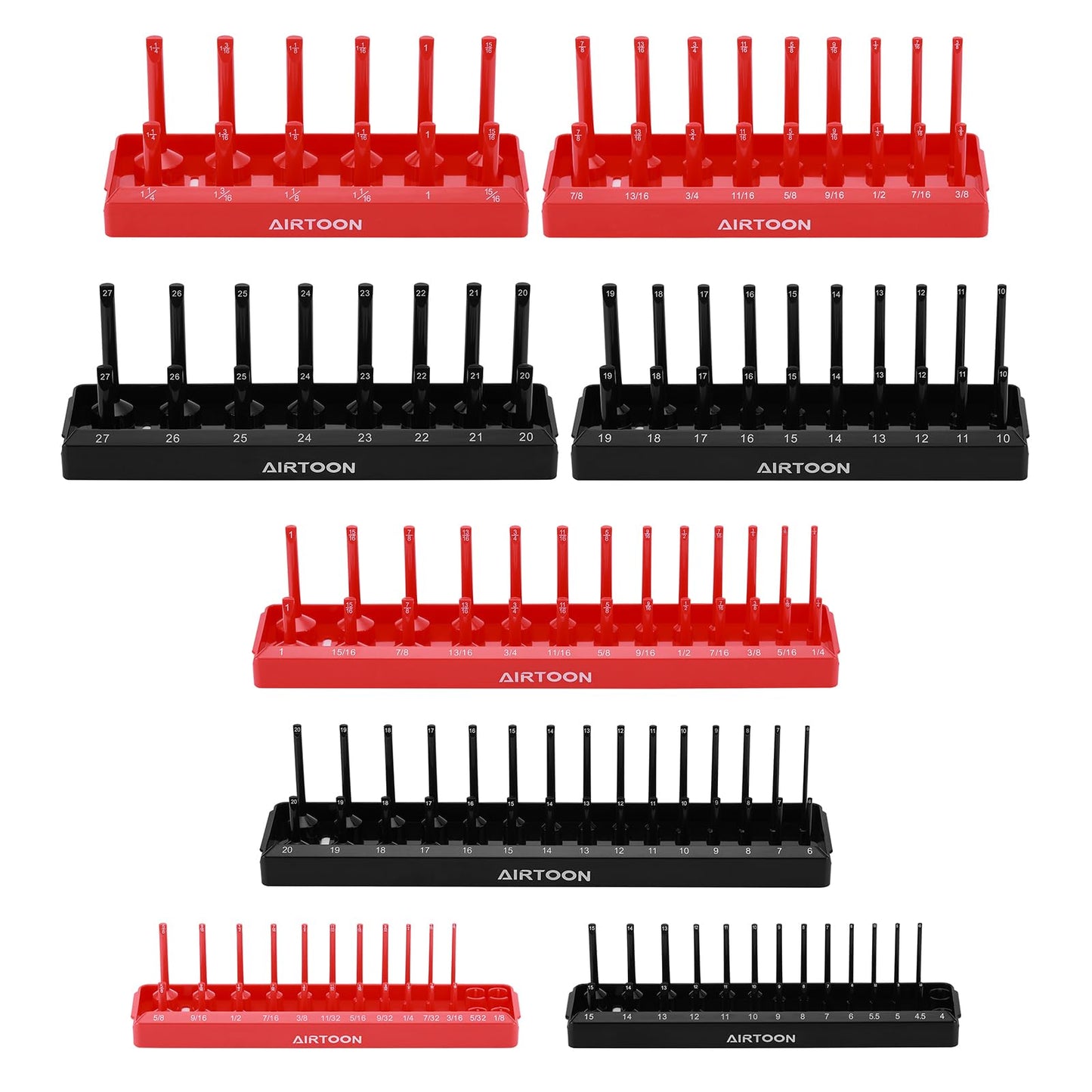 AIRTOON 8-Piece Socket Organizer Trays, SAE and Metric Socket Tray Set, 1/4", 3/8", and 1/2" Drive Deep and Standard Socket Holders Organizers for Toolbox, Black & Red
