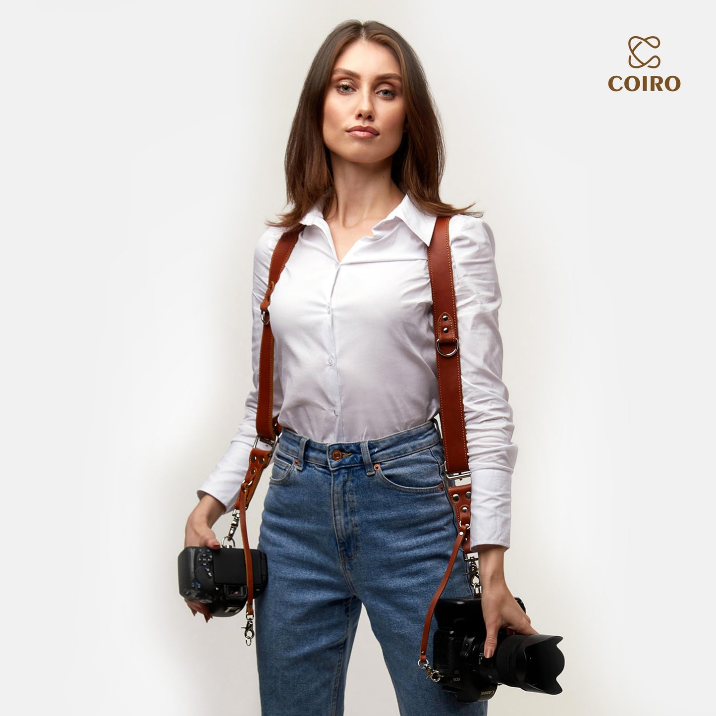 C Coiro Camera Harness for 2 Cameras – Dual Shoulder Leather Camera Strap – Double Camera Harness for DSLR/SLR, Tan, adjustable