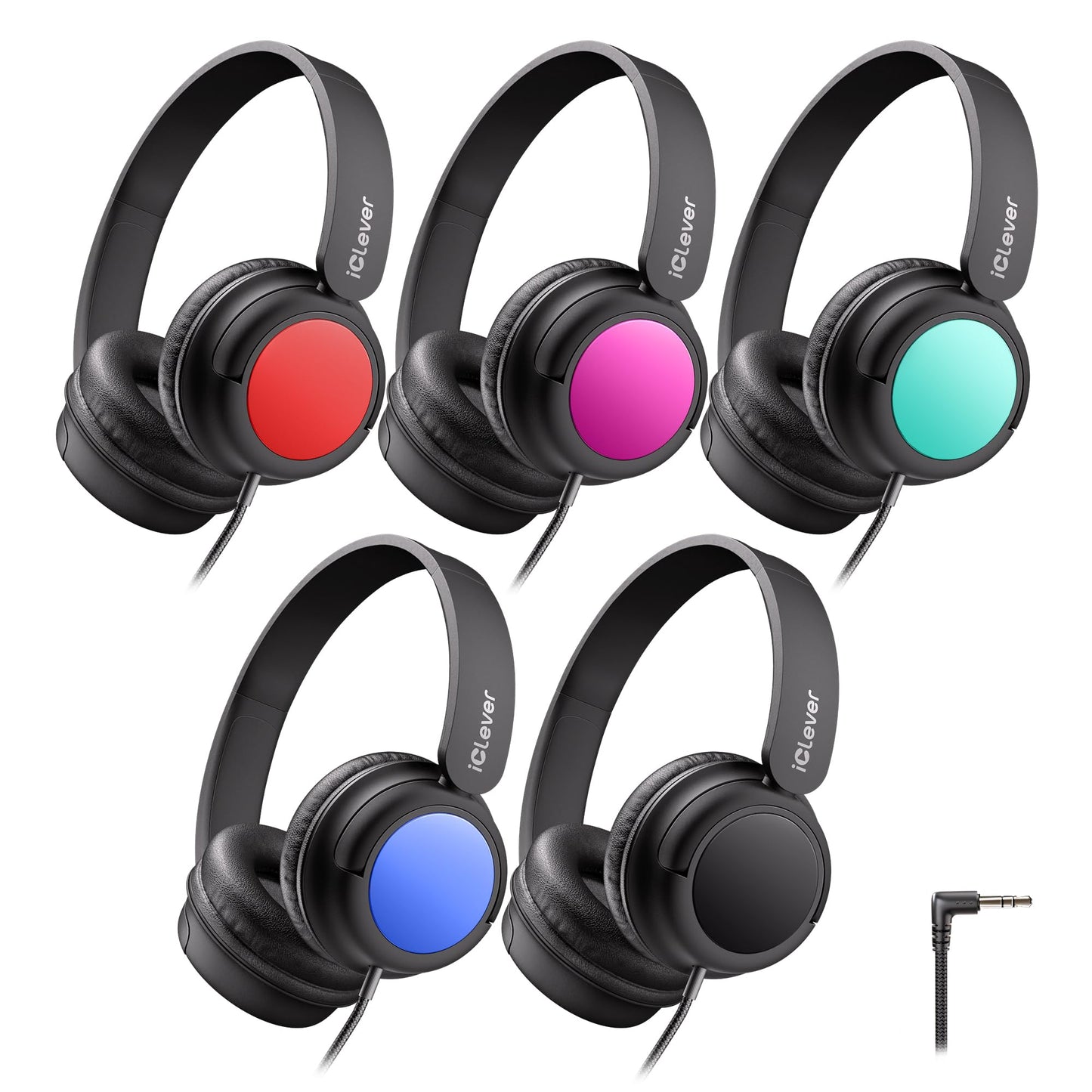 iClever Kids Wired Headphones for School Students K-12 & Teachers, Durable PP Material, Tangle Free, Kids Headphones with Cord Multiple Folding Options Suitable for School/Home/Travel, Bulk 5Pack