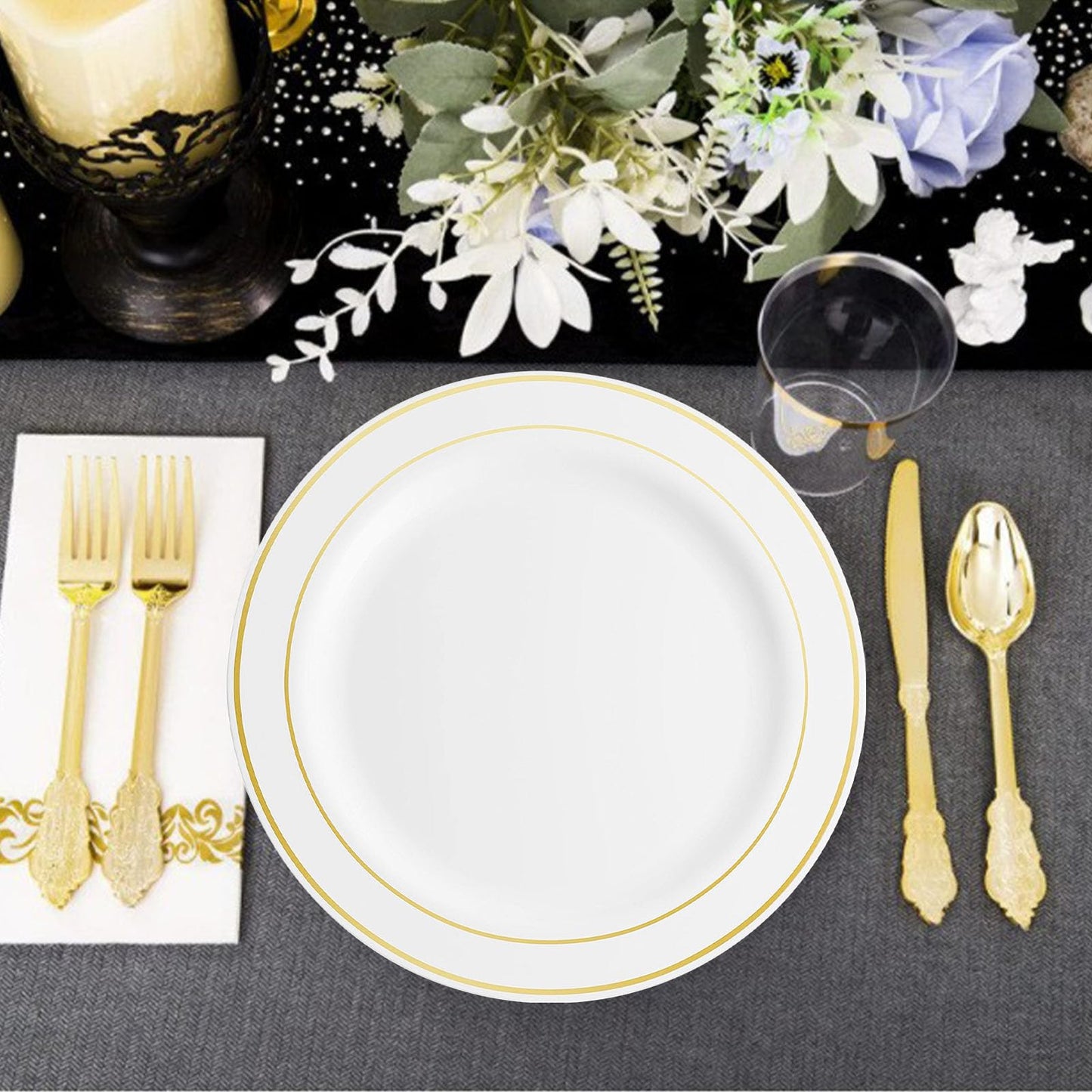 50 Piece Gold Round Plastic Plates, Premium Gold Trim Disposable Plastic Salad/Dessert Plates Ideal for Weddings and Parties (7.5 Inch)
