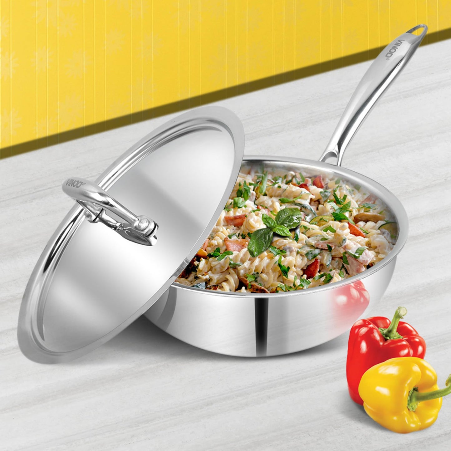 Vinod Platinum Triply Stainless Steel Wok with Lid 22 cm | Deep Skillet Pan with Riveted Sturdy Handle | Induction and Gas Frying pan, Dishwasher & Oven Safe | Ideal for Frying, Sautéing-Silver
