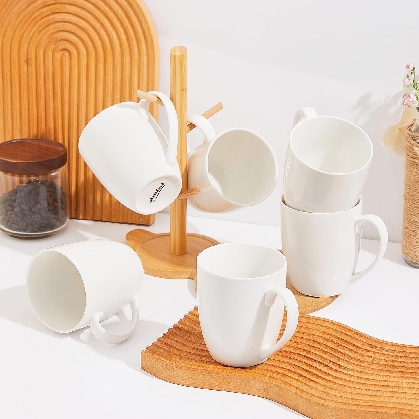 AntoKueh 16OZ White Ceramic Coffee Mugs, Porcelain Mugs Set of 6 with Handle for hot Cocoa, Tea, Milk, Cappuccino, Microwave Safe