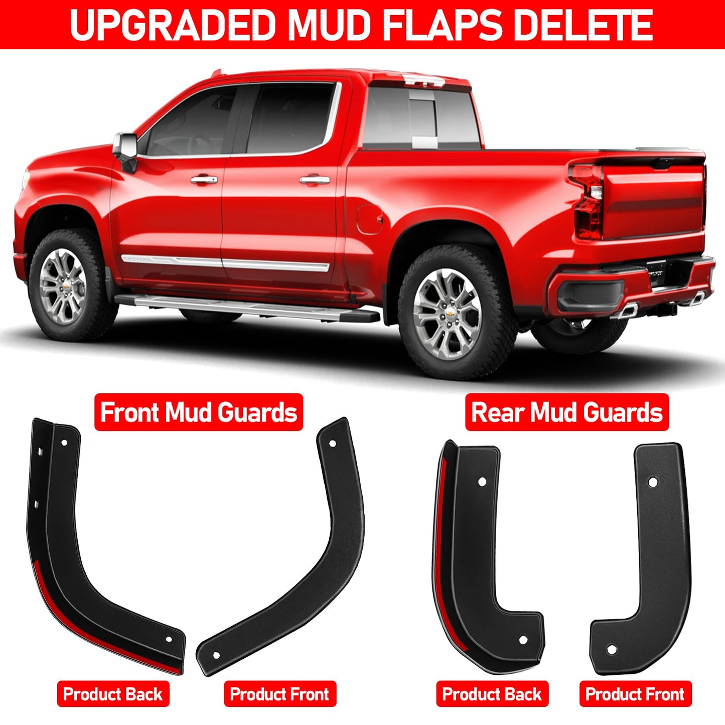XWQZ Mud Flap Delete Fit for Chevy Silverado 1500 2019-2025 Accessories,Mud Splash Guards Mudflaps Delete Compatible with Chevrolet Silverado Tire Protector Exterior Fender Front Rear Set