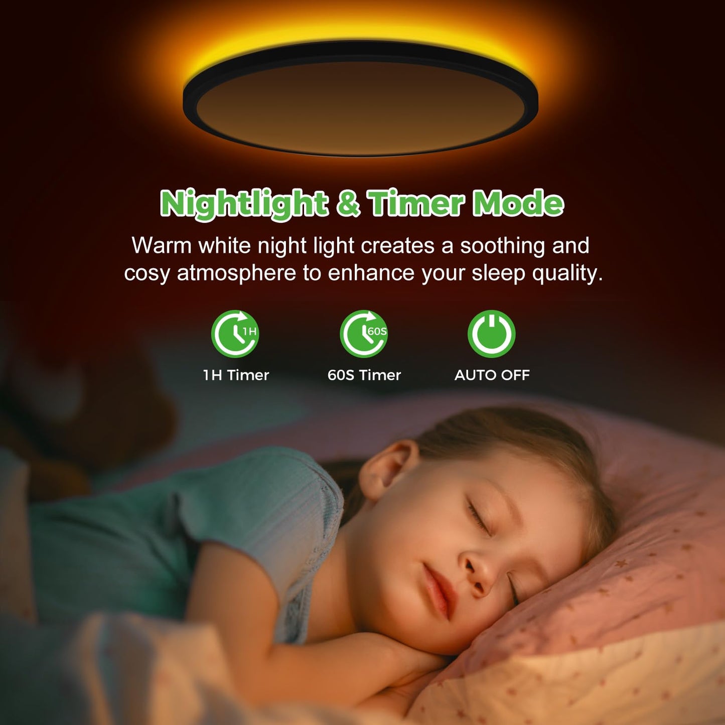 zemty 12 Inch Flush Mount Ceiling Light with Night Light 1800K, 3000K-6500K Selectable LED Light Fixture with Remote Control, 24W 2400lm Dimmable Ceiling Lamp for Bedroom Bathroom Kitchen-Black