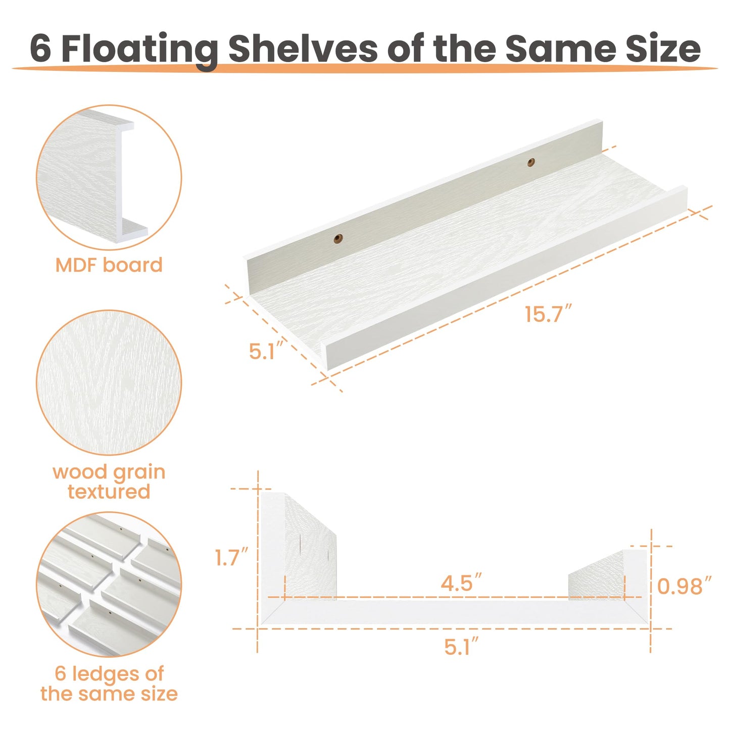 upsimples Floating Shelves for Wall, Decor Storage Set of 6, Wall Mounted Wood Shelves for Bedroom, Living Room, Bathroom, Kitchen, Picture Ledge Shelves, White