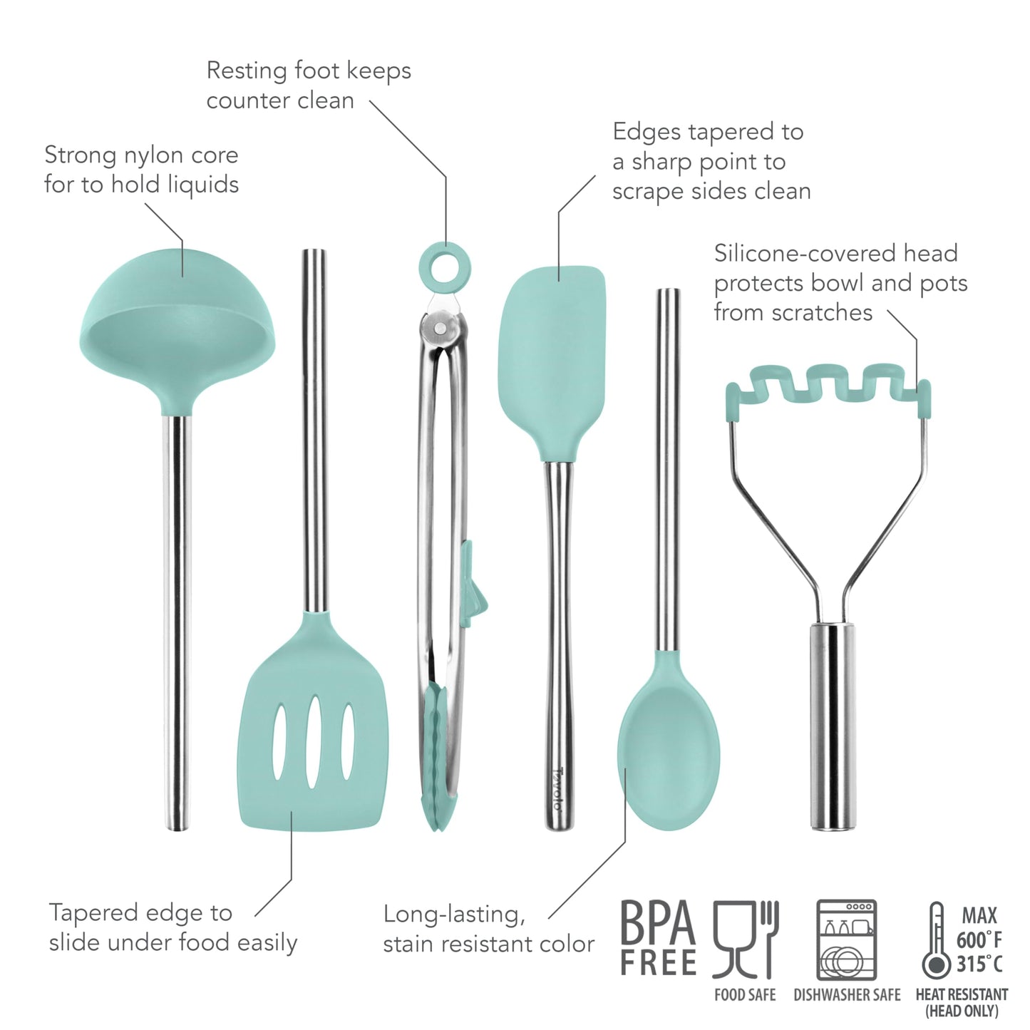 Tovolo Silicone Cooking Utensil Set of 6 Aqua Seafoam Green Ladle Slotted Turner Tongs Flex Core Spatula Scraper Mixing Spoon and Potato Masher, Dishwasher Safe Non Toxic BPA Free Kitchen Utensils
