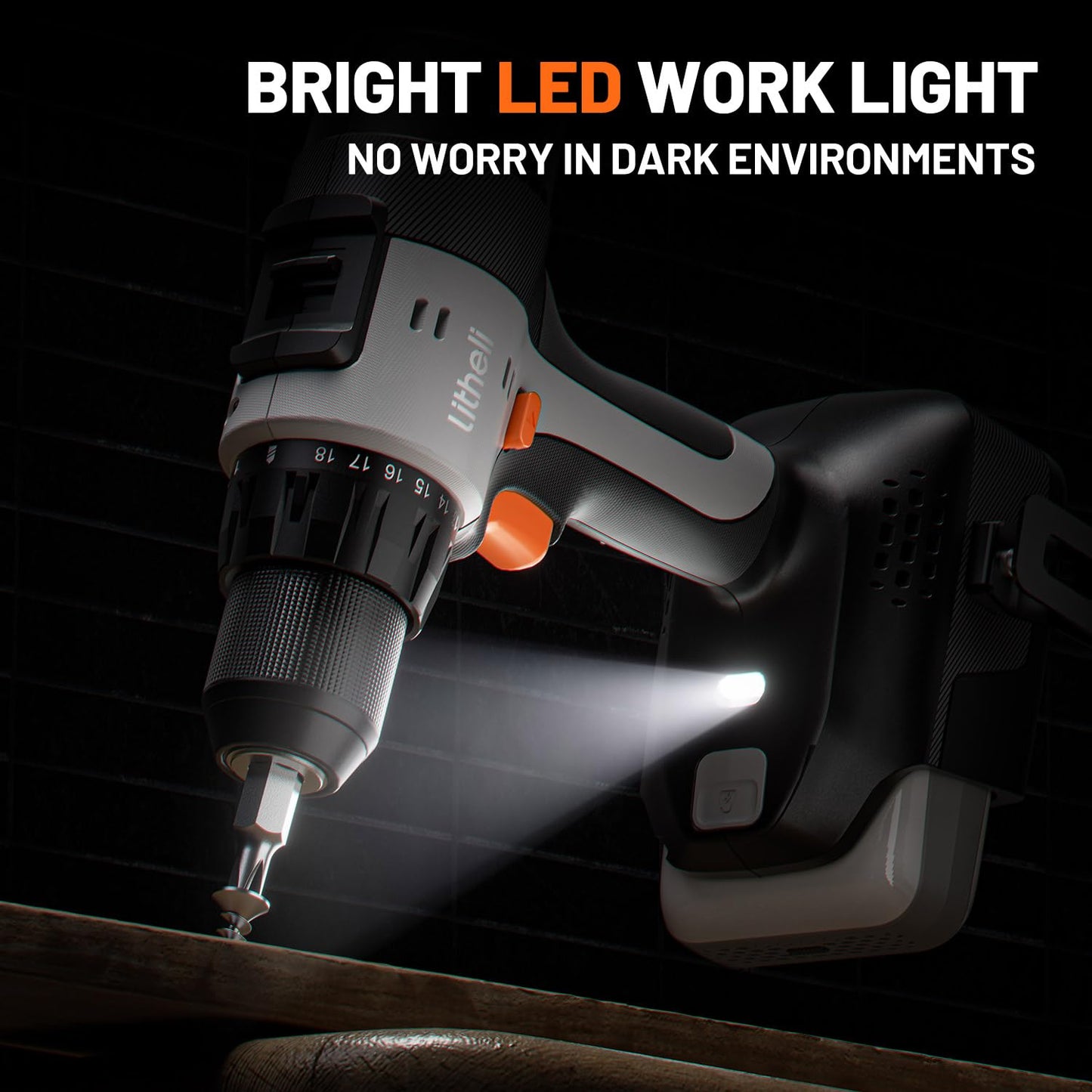 Litheli 20V Cordless Drill Driver, Electric Power Drill with 2 Variable Speed Settings, 1/2 Inch Keyless Chuck, 21+1 Clutch Settings with Maximum Torque of 443 in-lbs