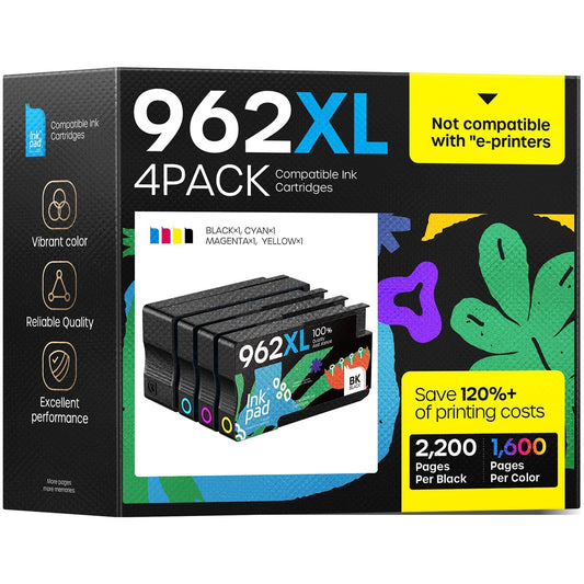 962xl 962 Ink Cartridges for HP OfficeJet Pro 9015 9018 9010 9020 Series Printer, 962 XL High Yield Ink Cartridge Combo Pack 4 Pack, No e Series Printer (Black, Cyan, Magenta, Yellow)