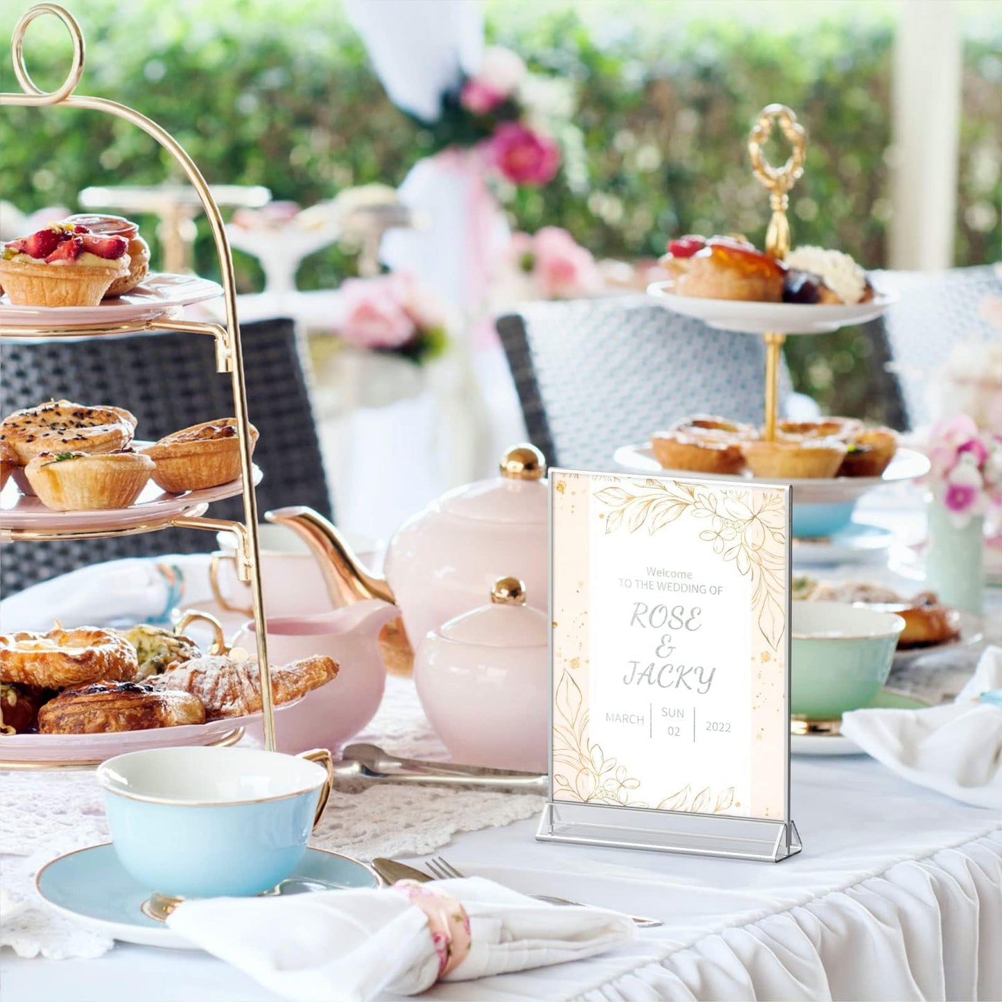 NIUBEE 6Pack 8.5x11 Clear Acrylic Sign Holder with Sliver Borders and Vertical Stand, Double Sided Table Menu Holders Picture Frames for Wedding Table Numbers, Restaurant Signs, Photos and Art Display