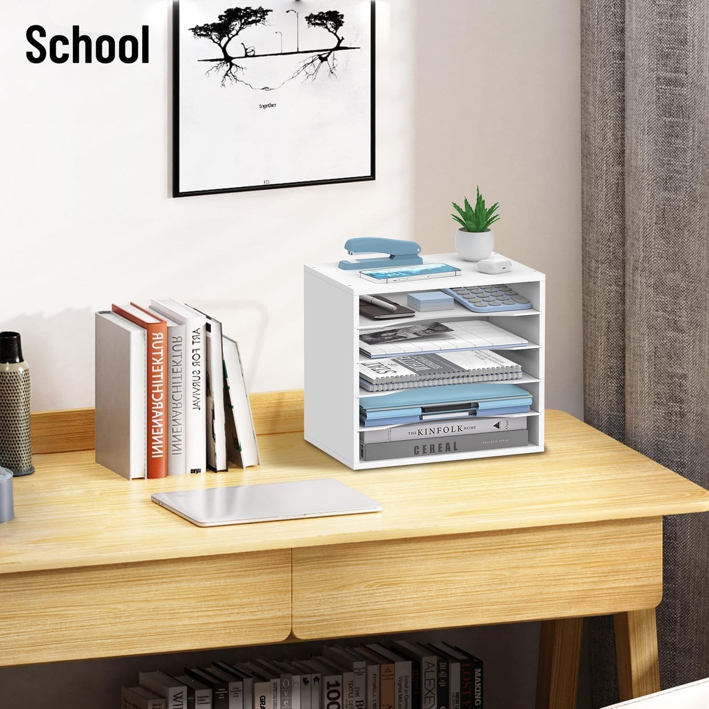 SHARKWOODS 5-Tier Wood Desk Organizer, Paper Sorter for Desktop with Adjustable Storage Shelves, Desktop Mail Holder for Office Home Classroom, White