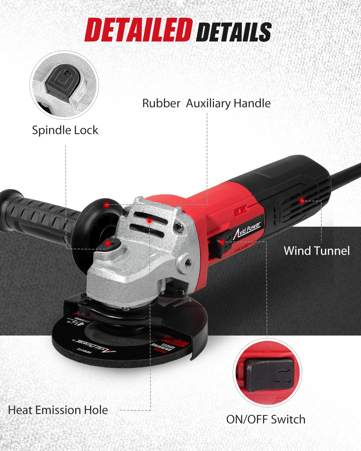 AVID POWER Angle Grinder, 7.5-Amp 4-1/2 inch Electric Grinder Power Tools with Grinding Wheels, Cutting Wheels, Flap Disc and Auxiliary Handle for Cutting, Grinding, Polishing and Rust Removal