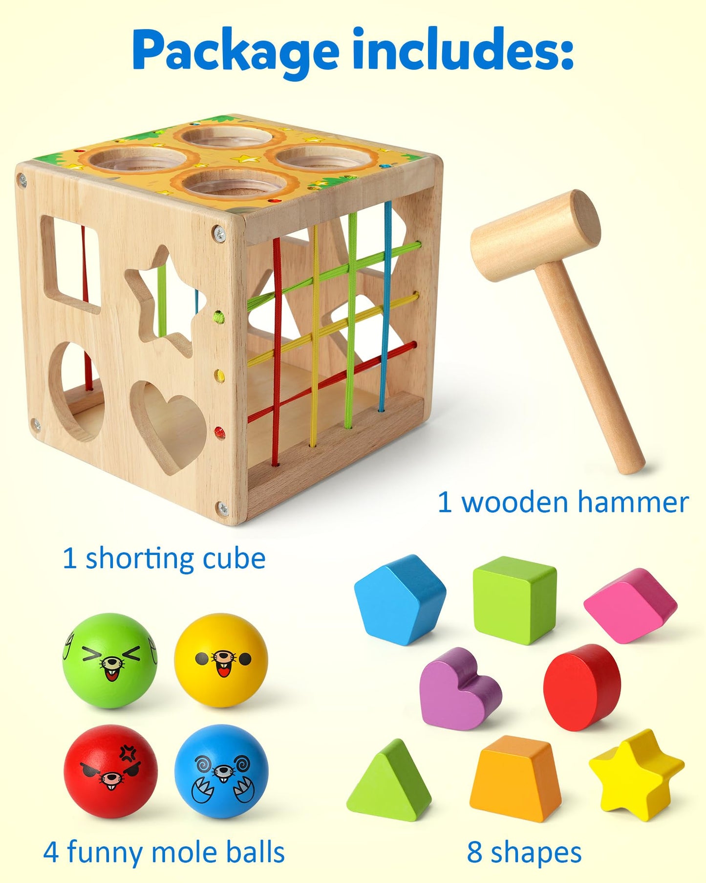 Coogam Wooden Montessori Toys for Toddlers, Shape Sorting Cube Whack Mole Fine Motor Skills Game for Boys Girls Gift