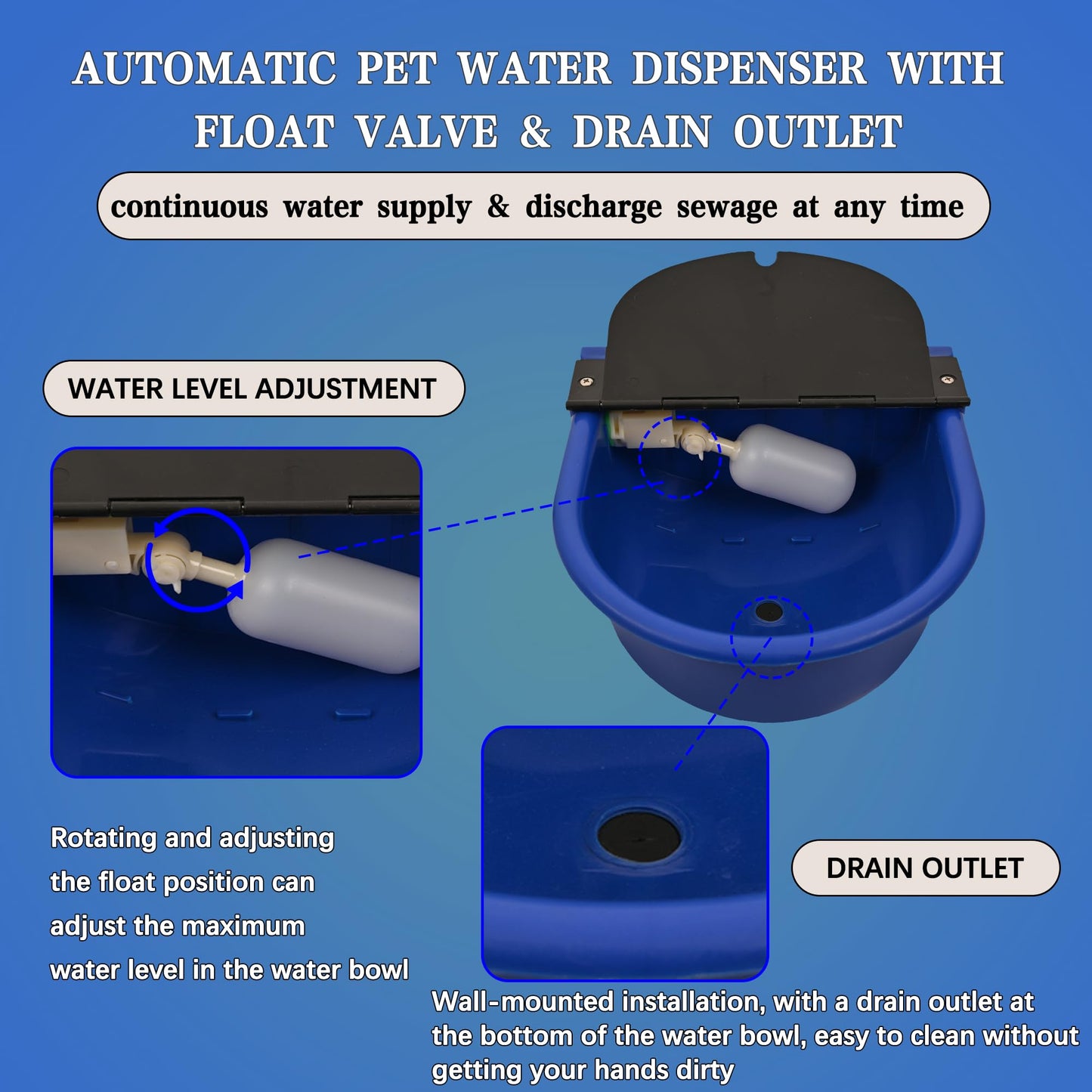 Boajf Automatic Water Dispenser for Dogs, with Drainage System & Auto Fill, 1 Gallon Plastic Outdoor Pet Waterer, Includes Drain Valve, Float Valve, Hose Quick Connector, for Horse, Chicken (Blue)