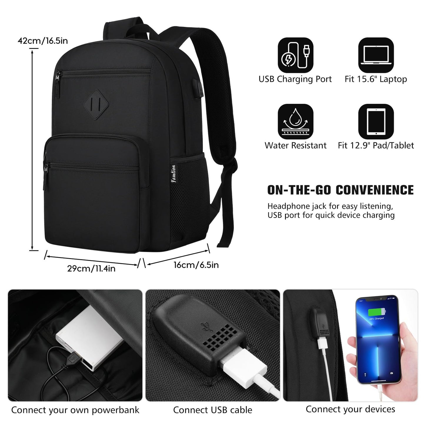Black Backpack,School Bookbag for Teens and Adults Schoolbag Fits 17.3 Inch Laptop Lightweight College Backpack for Daily Commute School