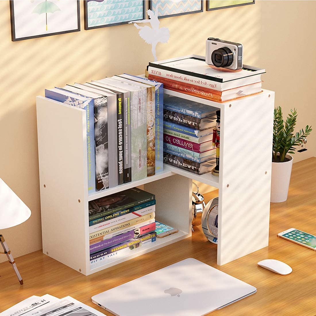 Expandable Wood Desktop Bookshelf Desktop Organizer Office Storage Rack Wood Display Shelf - Free Style Display True Natural Stand Shelf Rack Assembled Bookcase Adjustable Display Rack, White