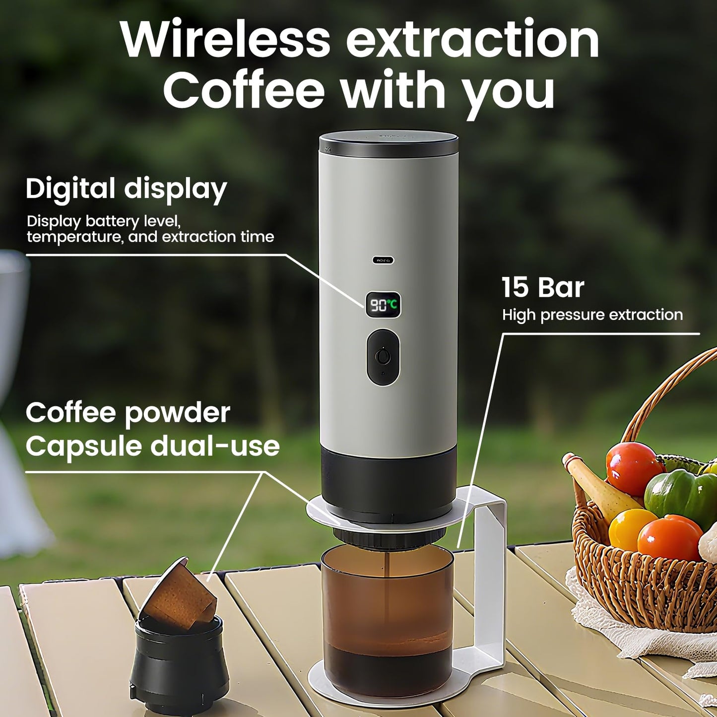 Portable Coffee Maker,Self-Heating Travel Coffee Maker Compatible with NS, DG Pods & Ground Coffee, Mini Espresso Machine for Car Camping, Hiking With Stand