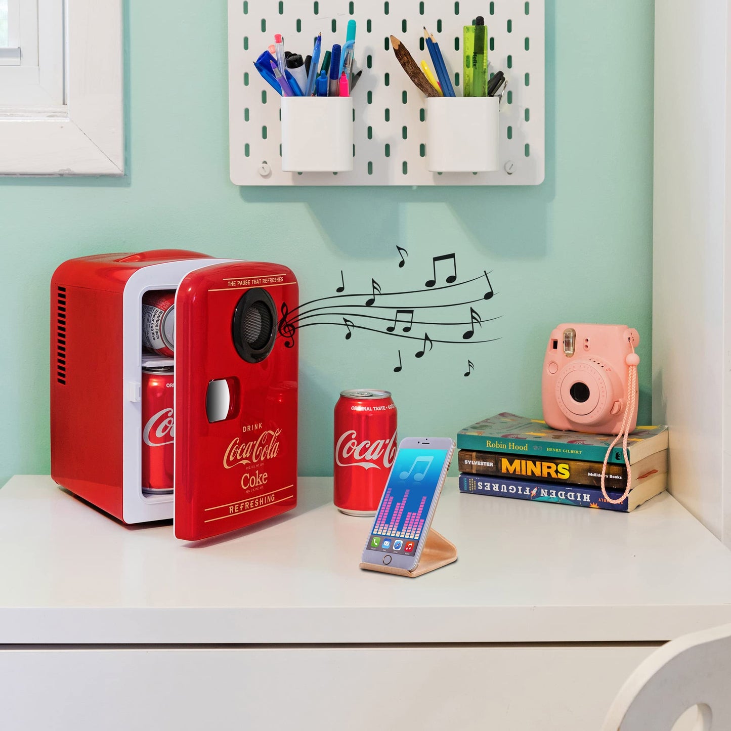 Coca-Cola 12V Portable Built in Speaker with 4L Mini Fridge, Compact Speaker and Personal Cooler/Warmer for Desk Office Dorm, Unique Gift for Music-Lovers and Students
