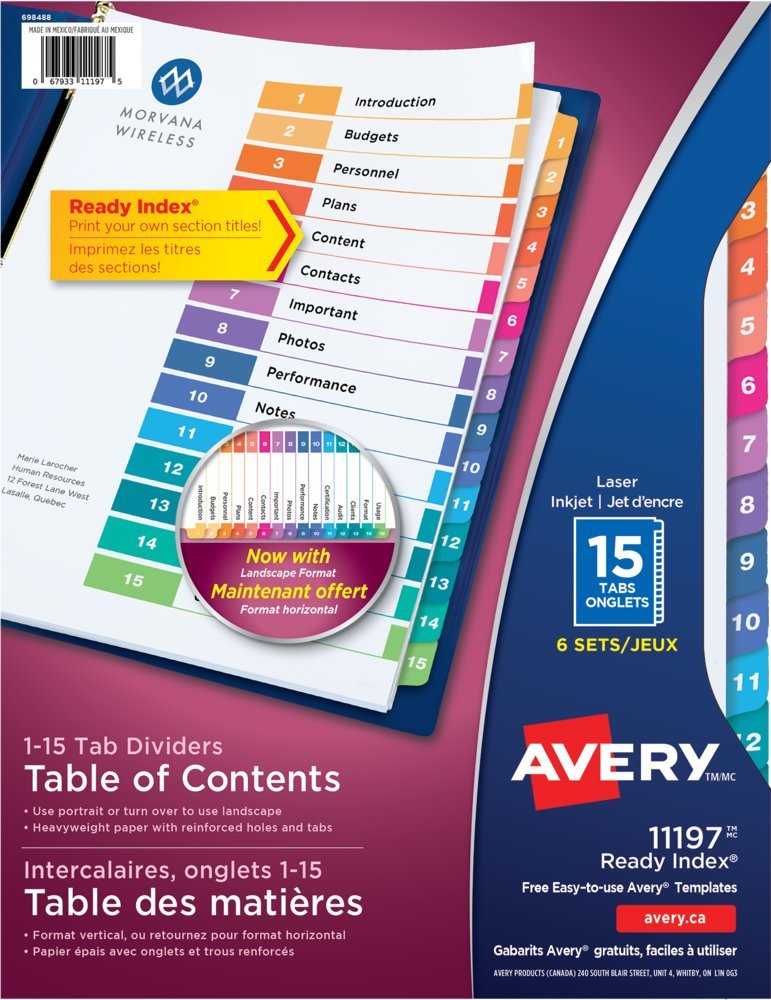 AVERY Ready Index Table of Content Dividers for Laser and Inkjet Printers, 15 tabs, Multi-Colour, 6 Sets, (11197)