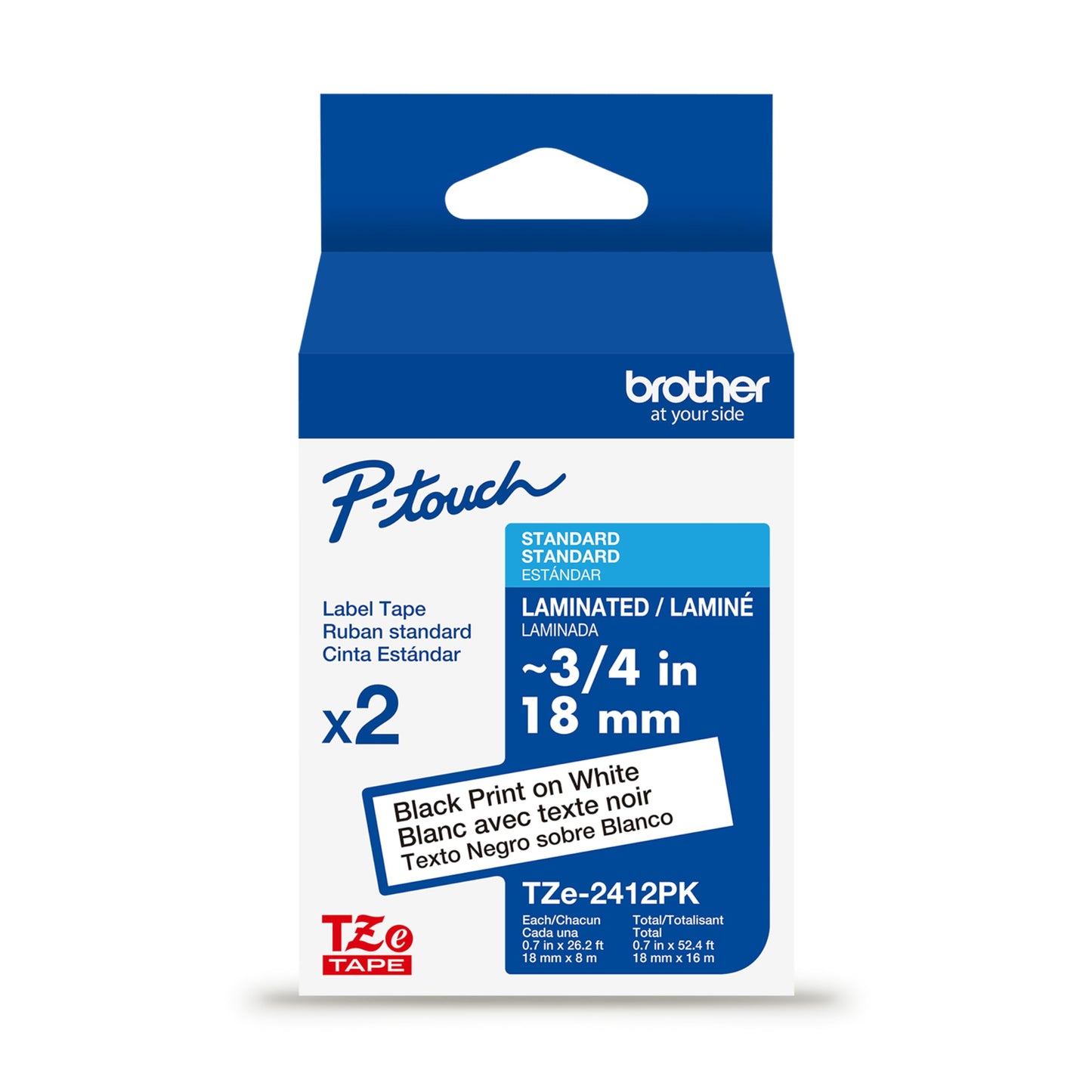 Brother Genuine TZe241~3/4" 2PK Black Print on White Label Tape. Each: 0.7 in x 26.2 ft (18 mm x 8 m) Total: 0.7 in x 52.4 ft (18 mm x 16 m)