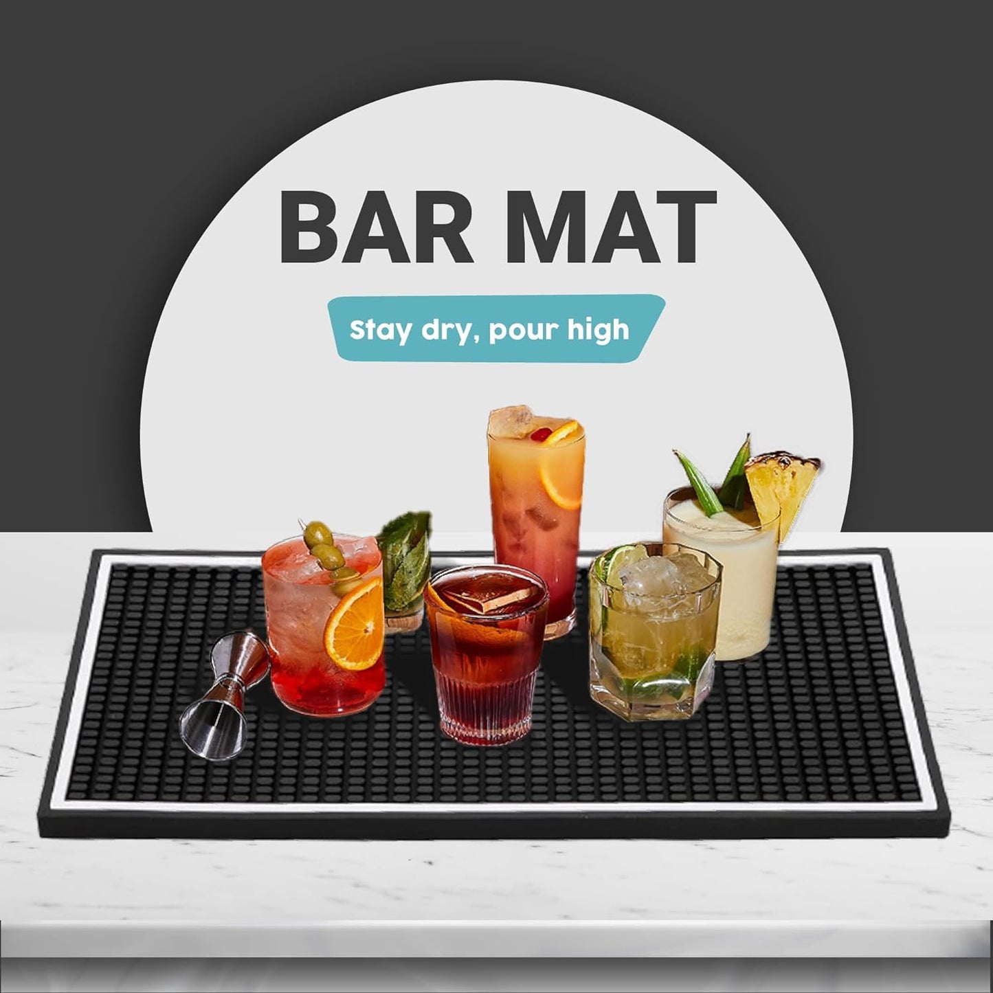 Bar Mat 4-Pack, 18 x 12 Rubber Coffee Bar Mats for Countertop, Bartending, Home Use, Spill Protection and Coffee Stations, Ideal Matt for Cocktail, Whiskey and Espresso