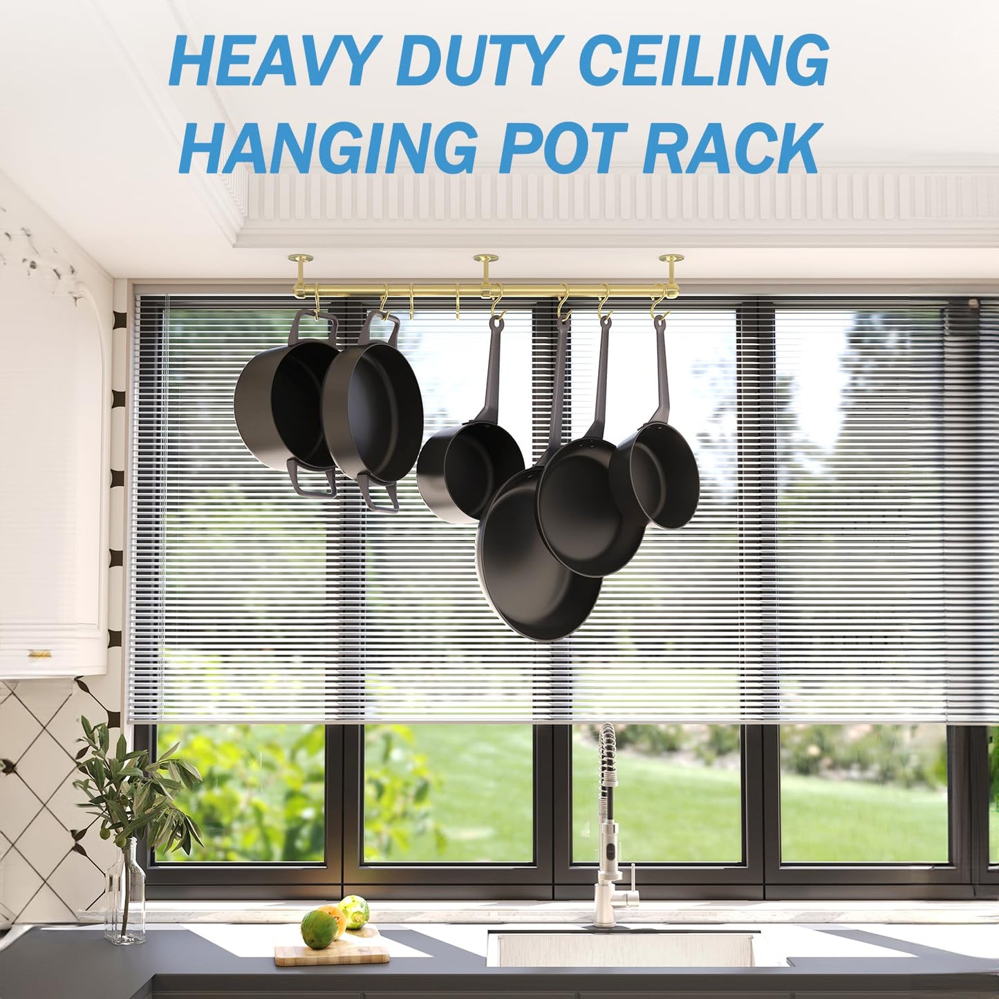 ROTHLEY Brass Pot Rail 23.7 Inch Stainless Steel Pot Rack hanging Wall Mounted Kitchen Rail with S Hooks Utensil Bar Mug Wall Hanger Pots and Pans Hanger Rack Pot Hangers for Kitchen Pan Holder