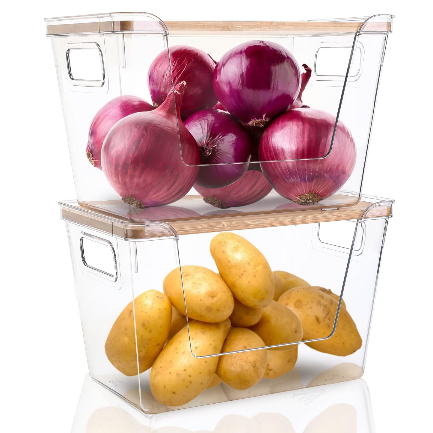 2 Set Pantry Organizers and Storage - Stackable Pantry Storage Bin Containers for Potato, Onion, Garlic, Fruit, Vegetable, Produce - Clear Front Open Kitchen Under Sink Organizer with Lid