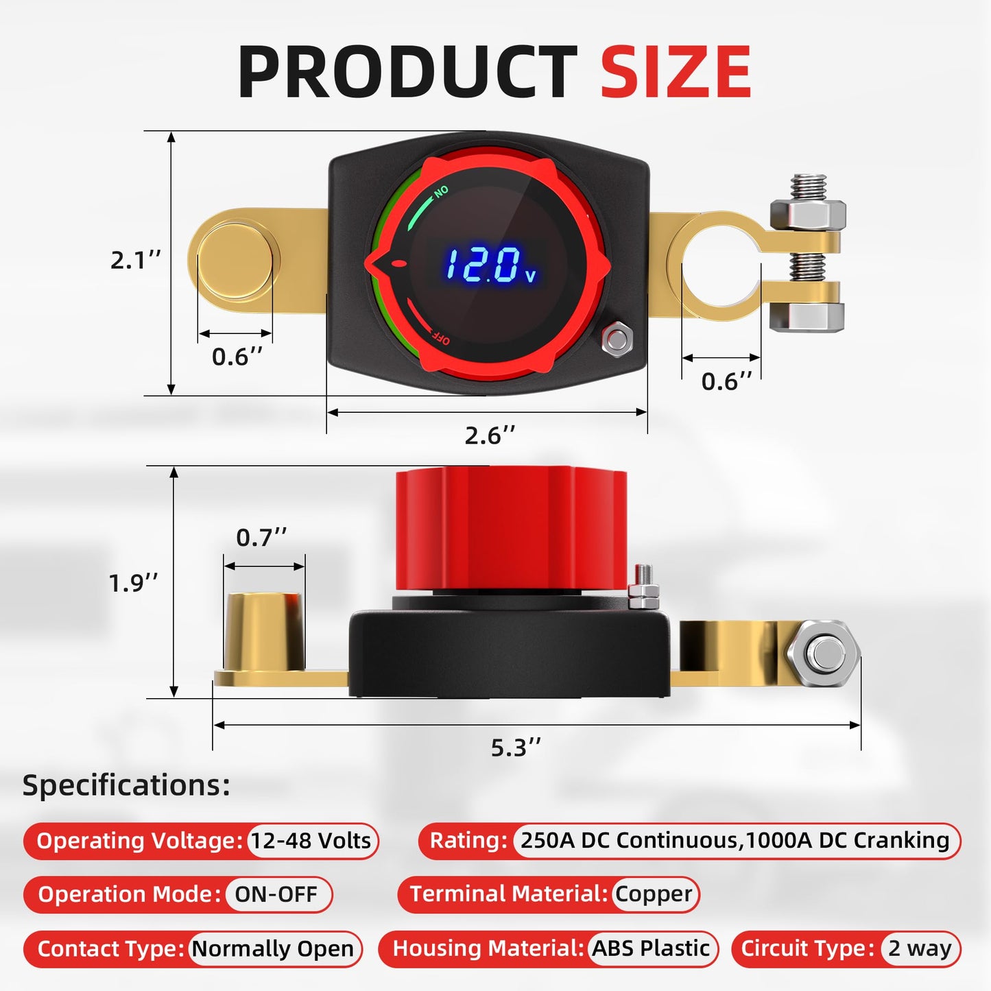 Joinfworld Top Post Battery Disconnect Switch 12V-48V with Led Voltmeter, DC 5-60V Battery Kill Switch Negative On/Off Battery Cut Off Switch for Marine, Cars, Vehicles, RVs and Boats