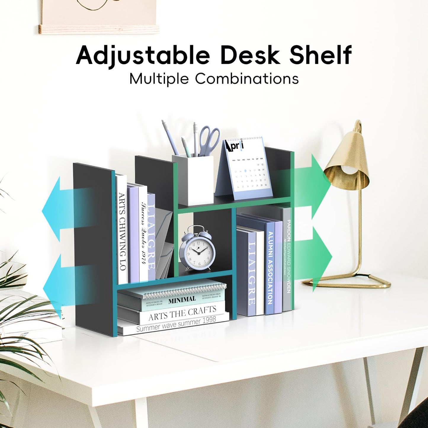 SUPEASY Wood Desk Shelf, Desktop Organizer Adjustable Desk Hutch, 5 Units, Desk Organizers and Accessories, Book Shelf Organizer for Home, Office, 16" L x 15.8" H x 6.8" W, Black
