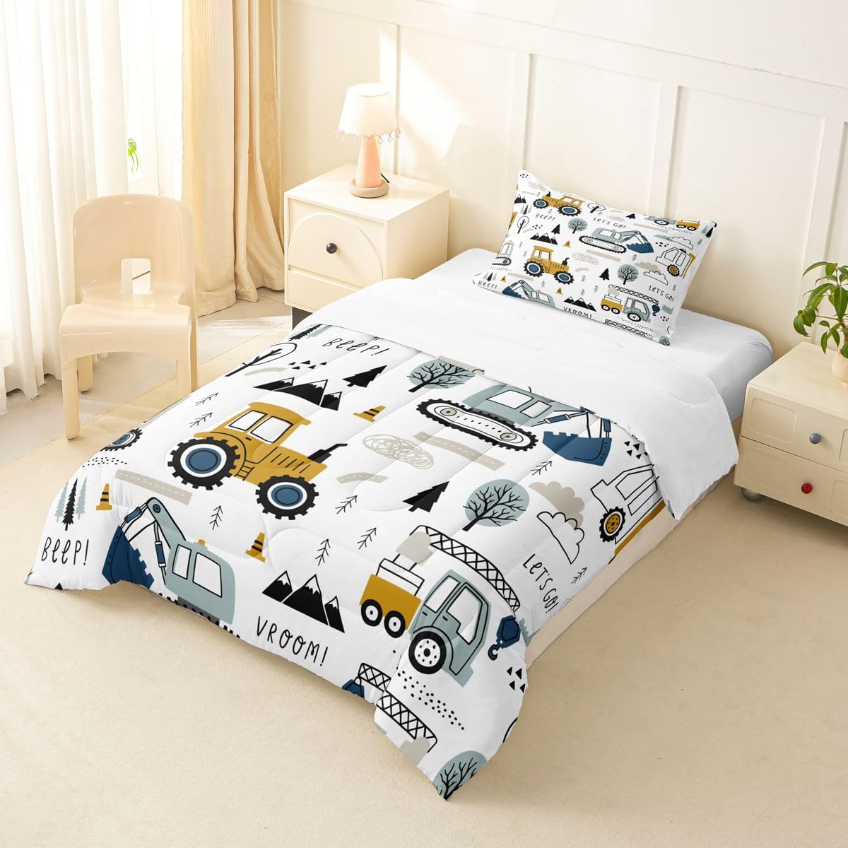 Cartoon Car Kids Comforter Set Construction Bedding Set Decor Equipment Trucks Comforter Cartoon Car Excavator Tractor White Yellow Duvet Set Bedroom Quilt Set 2Pcs Twin
