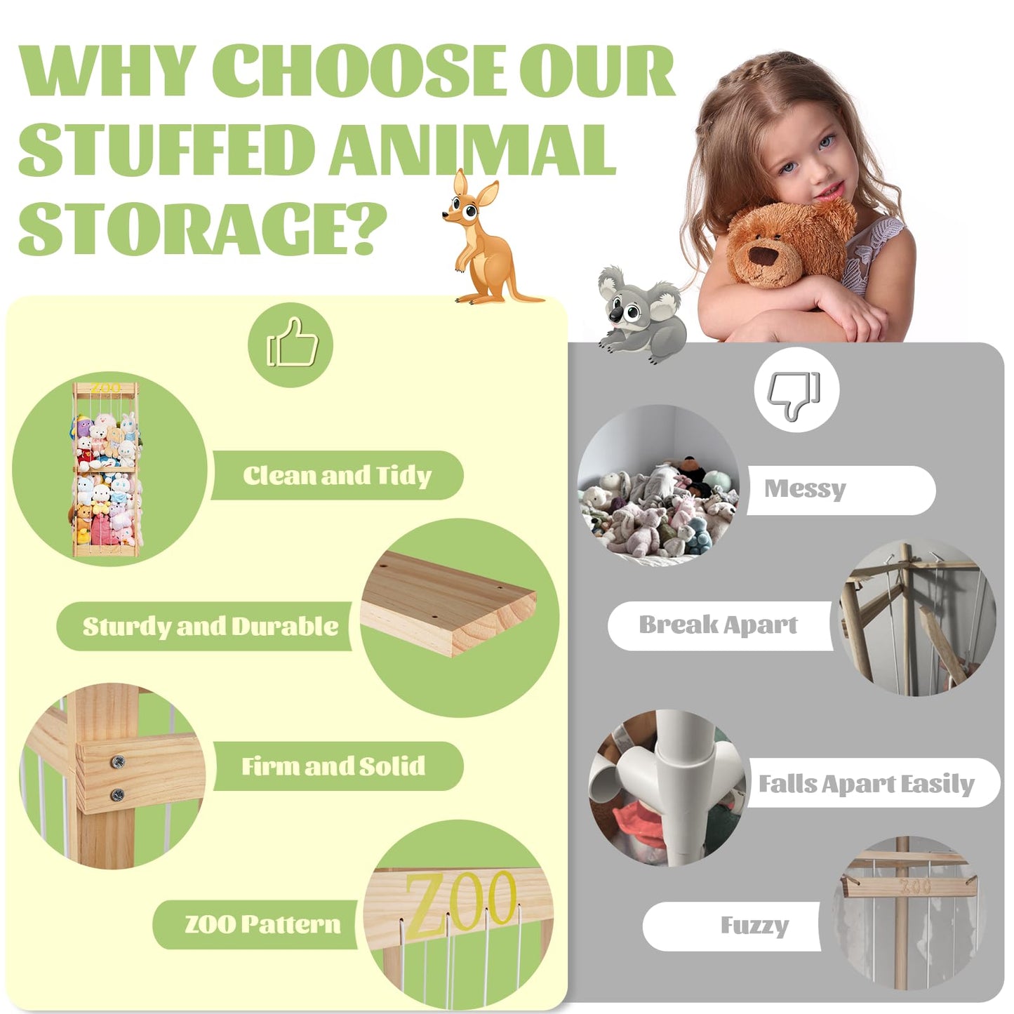 Trycooling Stuffed Animal Zoo Wood Stuffed Animals Storage Cage with Zoo Pattern Elastic Band for Nursery Play Room Bedroom (Wood)