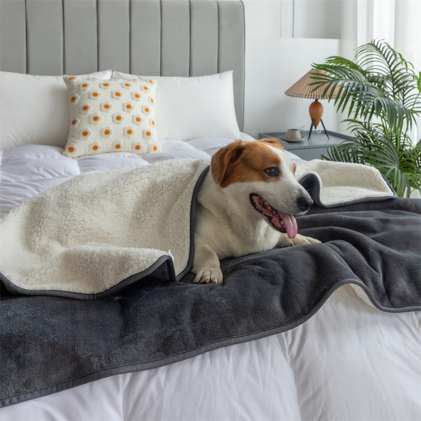 Pfimigh Waterproof Dog Blanket, 3-Layer Flannel and Sherpa Pet Throw, Reversible Protector Cover for Bed Couch Sofa, Grey, 60"x80"