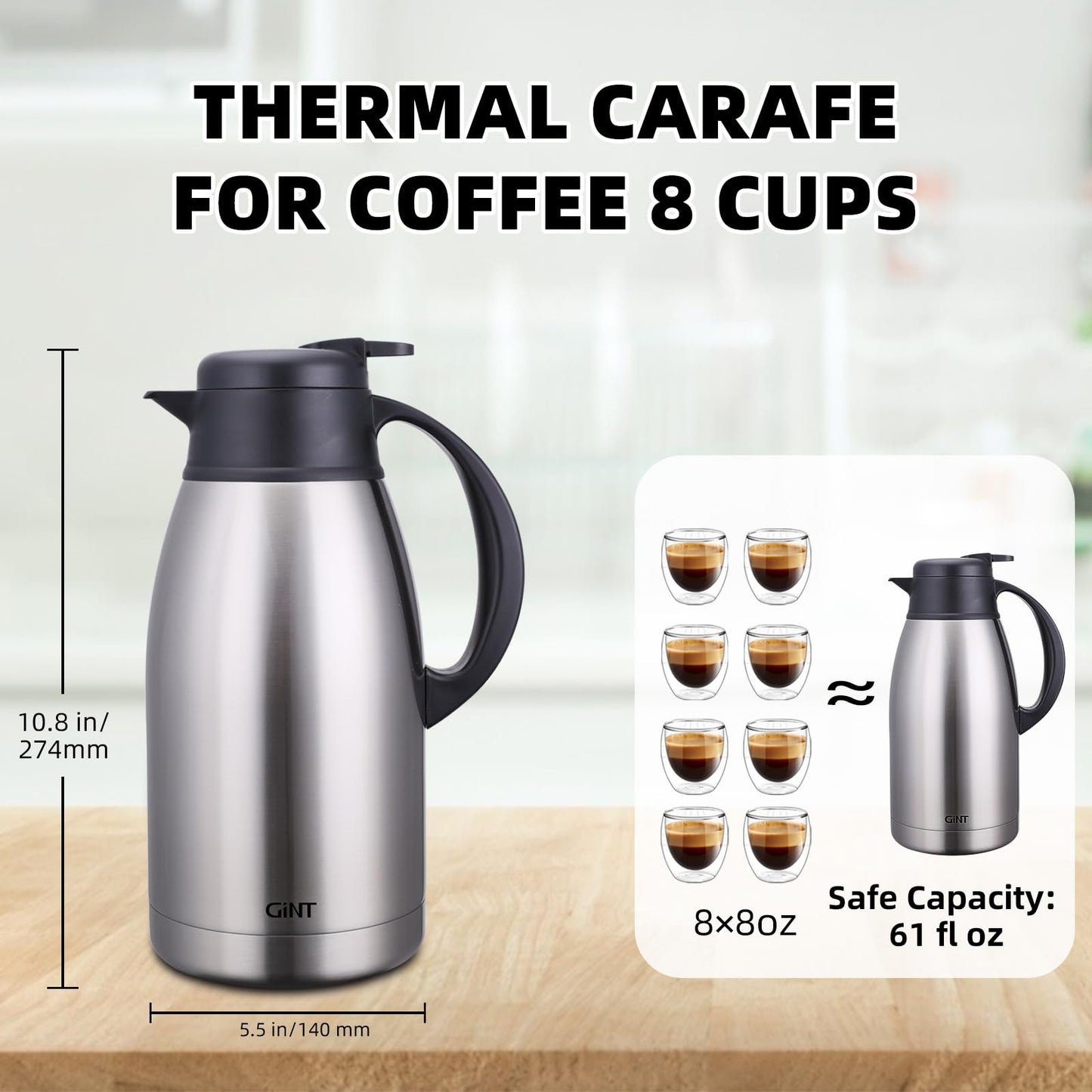GiNT 1.9 L / 65 Oz Thermal Coffee Carafe, Insulated Stainless Steel Double Walled Vacuum Water and Beverage Dispenser, 12 Hour Heat Retention, Silver