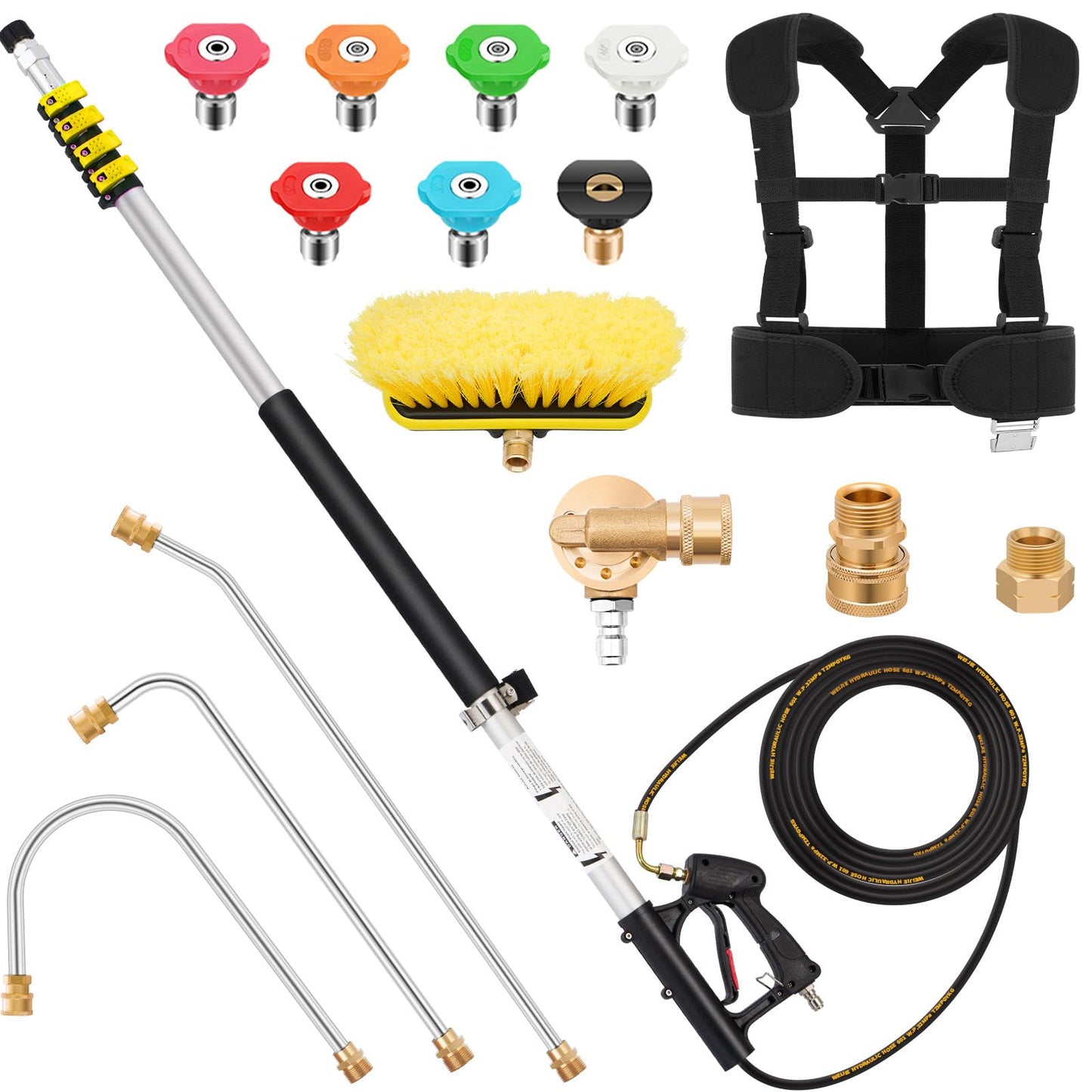 24 FT Telescoping Pressure Washer Wand (Heavy Duty Stainless Steel) with Power Washer Extension Wand, Gutter Cleaner Attachment, 2 Adapters, 5 Spray Nozzles & Support Belt for Wall Roof Gutter