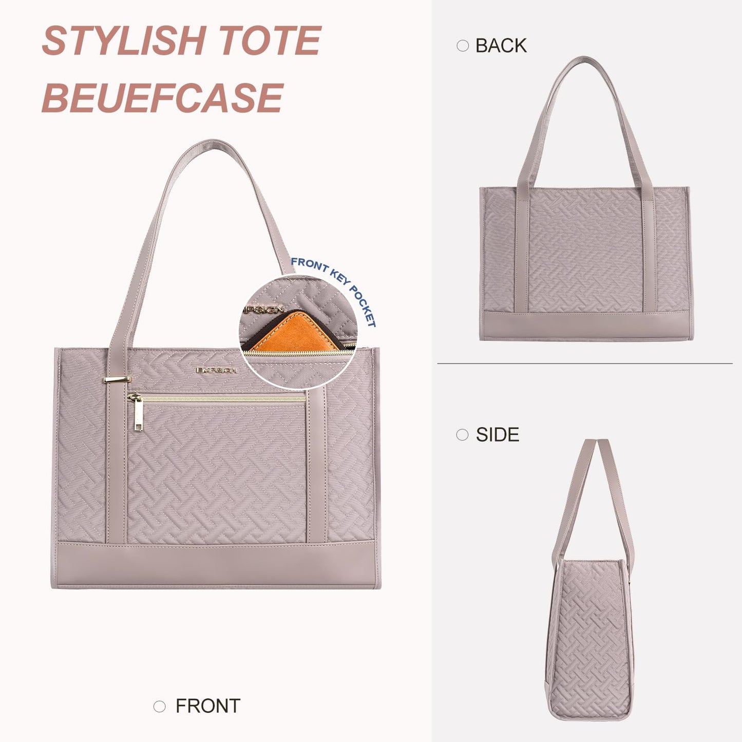 EMPSIGN Laptop Tote bag for women 16 Inch, Stylish Computer Shoulder Tote Bag for Work, Large Capacity Quilted Laptop Briefcase, Waterproof Women Business Office Bag, Quilted Grey Pink