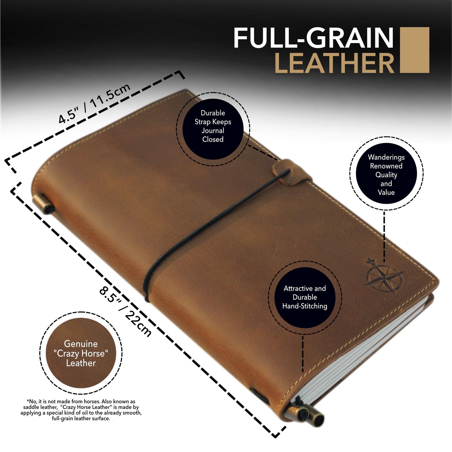 Wanderings Leather Travel Journal with Pockets -4.75" x 8.5" (12 x 22cm) - Refillable Notebook Organizer - Hand-Crafted Genuine Leather Notebook with Pockets for Travelers - Blank Inserts