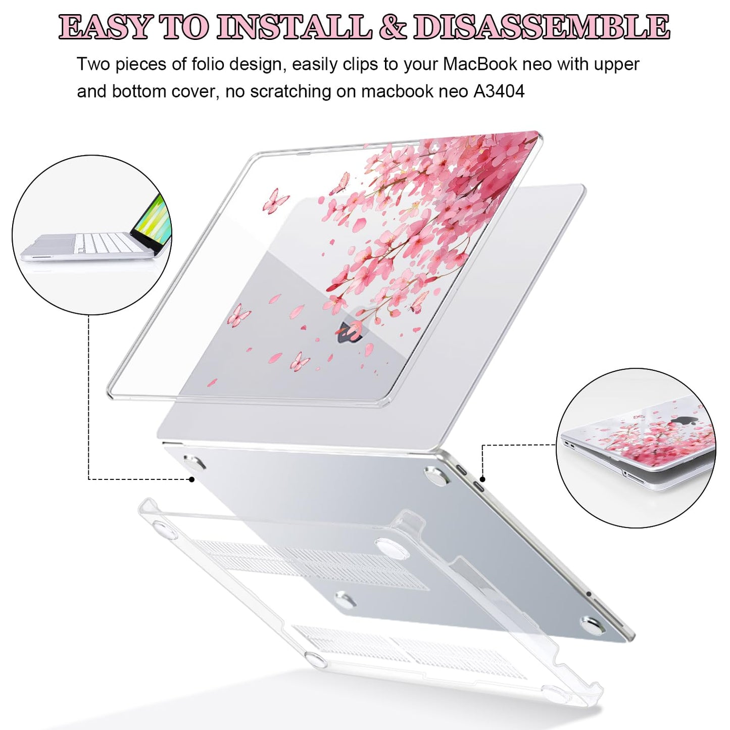 Seanai Pink Floral Lightweight Hard Case for 2026 MacBook Neo 13 Inch A18 Pro A3404, Slim Scratch-Proof Protective Cover with Keyboard Cover, Screen Protector, Shortcut Sticker & Webcam Privacy Cover