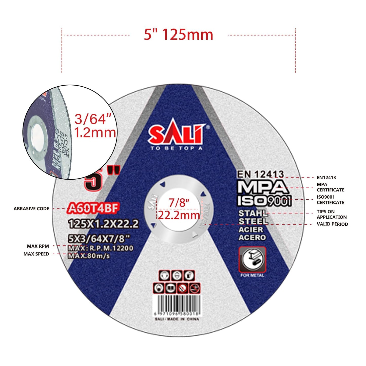 SALI 50 Pack Cut Off Wheel 5 Inch General Purpose Metal Cutting Wheel for 5" Grinders- Cutting Disc Aggressive Cutting 5" x 3/64" x 7/8" Operating Up to RPM 12200 and 80 M/S