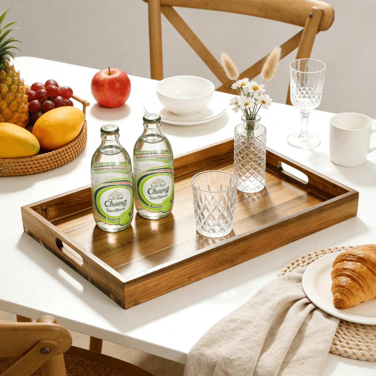 YOUEON 2 Pack 44x30cm Acacia Wood Serving Tray with Handles, Large Wooden Tray for Ottoman, Breakfast in Bed, Dinner, Coffee Table, Perfect for Living Room, Bedroom