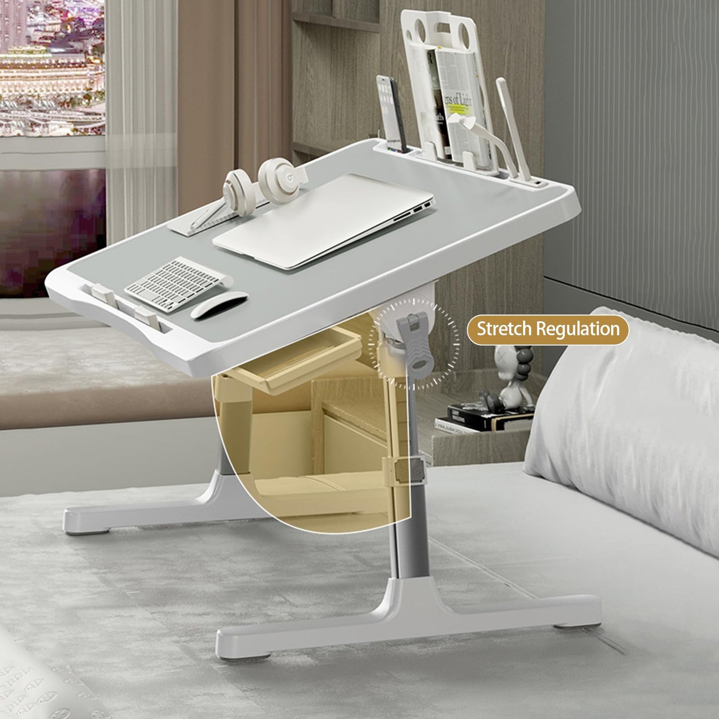 Laptop Desk for Bed, Adjustable Bed Table with USB Charge Port, Foldable Laptop Table with Storage Drawer, Portable Laptop Bed Desk Tray for Eating Working Writing Reading(Silver)