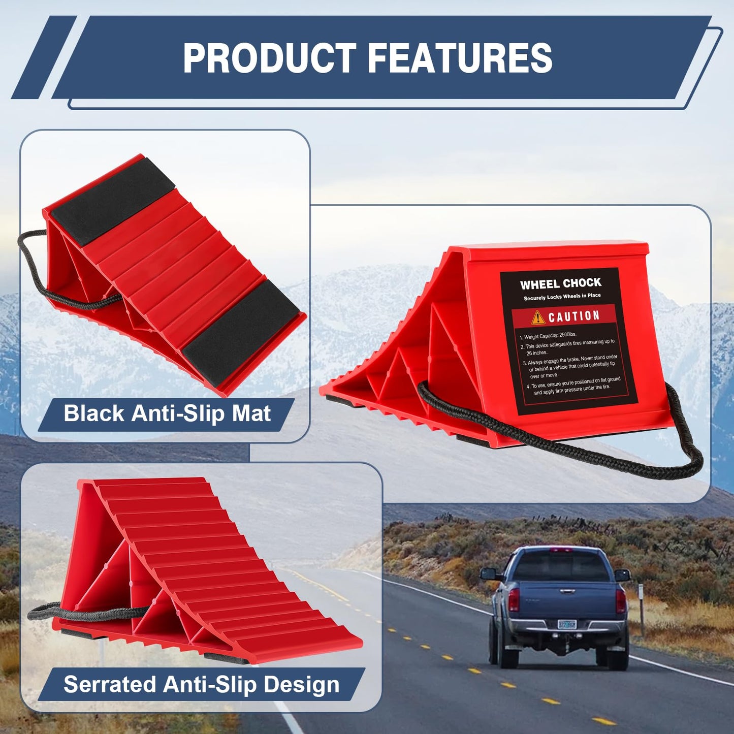 Wheel Chocks for Trailers, 4 Pack Hard Plastic RV Wheel Chocks with Non-Slip Base & Rope for Easy Removal, Tire Chock for Cars Wheels, Keep Your Truck or Camper in Place