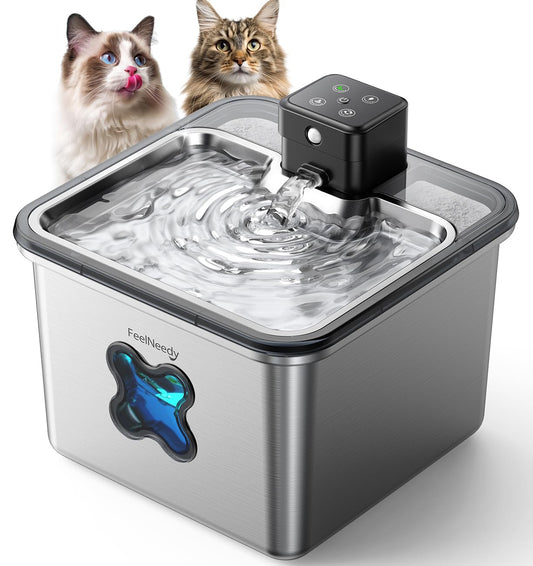 Cat Water Fountain Battery Operated, FEELNEEDY Wireless Rechargeable Pet Water Fountain Indoor with Motion Sensor, Cordless Stainless Steel Water Fountain Indoor Cat,Fontaine Pour Chat,3.2L,FN-W17