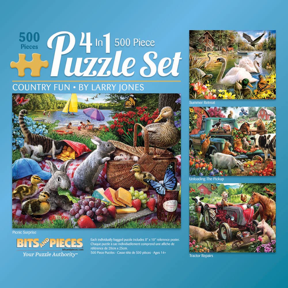 Bits and Pieces – 4-in-1 Multipack Jigsaws 500 Piece Puzzles for Adults - Puzzles Measures 48cm x 61cm – Picnic Surprise Pickup Tractor Summer Retreat 500 pc Multipack Jigsaws by Artist Larry Jones