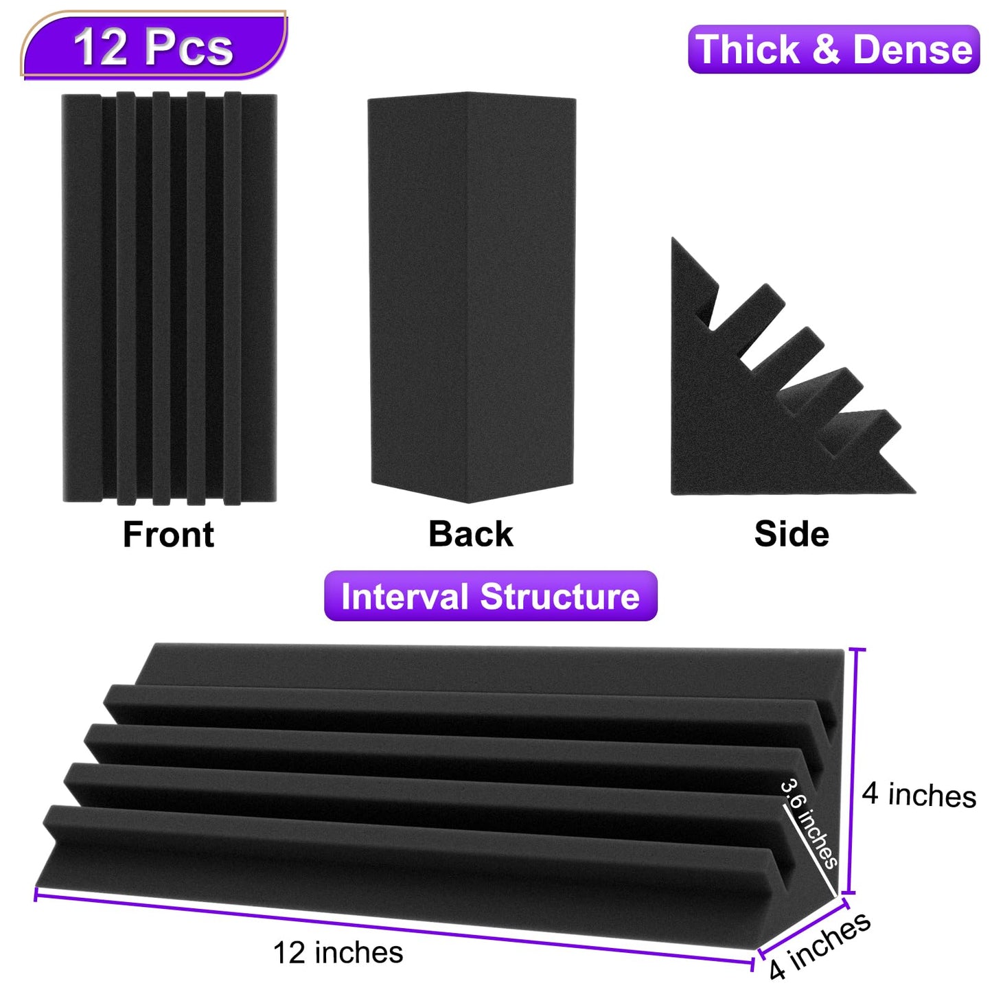 TroyStudio Interval Bass Traps - 4 X 4 X 12 Inches 12 Pcs Dense Studio Acoustic Foam, Acoustic Bass Corner Reduce Reverb Echo, Acoustical Treatment Sound Foams for Home, Office Recording Studio